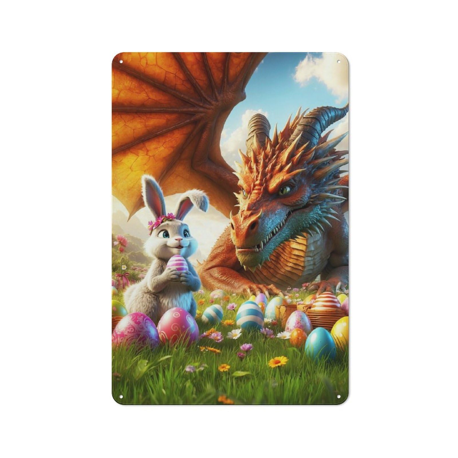 Junmoney Dragons Easter Encounter Retro Decorative Metal Plaque 30X20cm, Garage Wall Decor For Garage, Workshop, Shed Or Utility Room