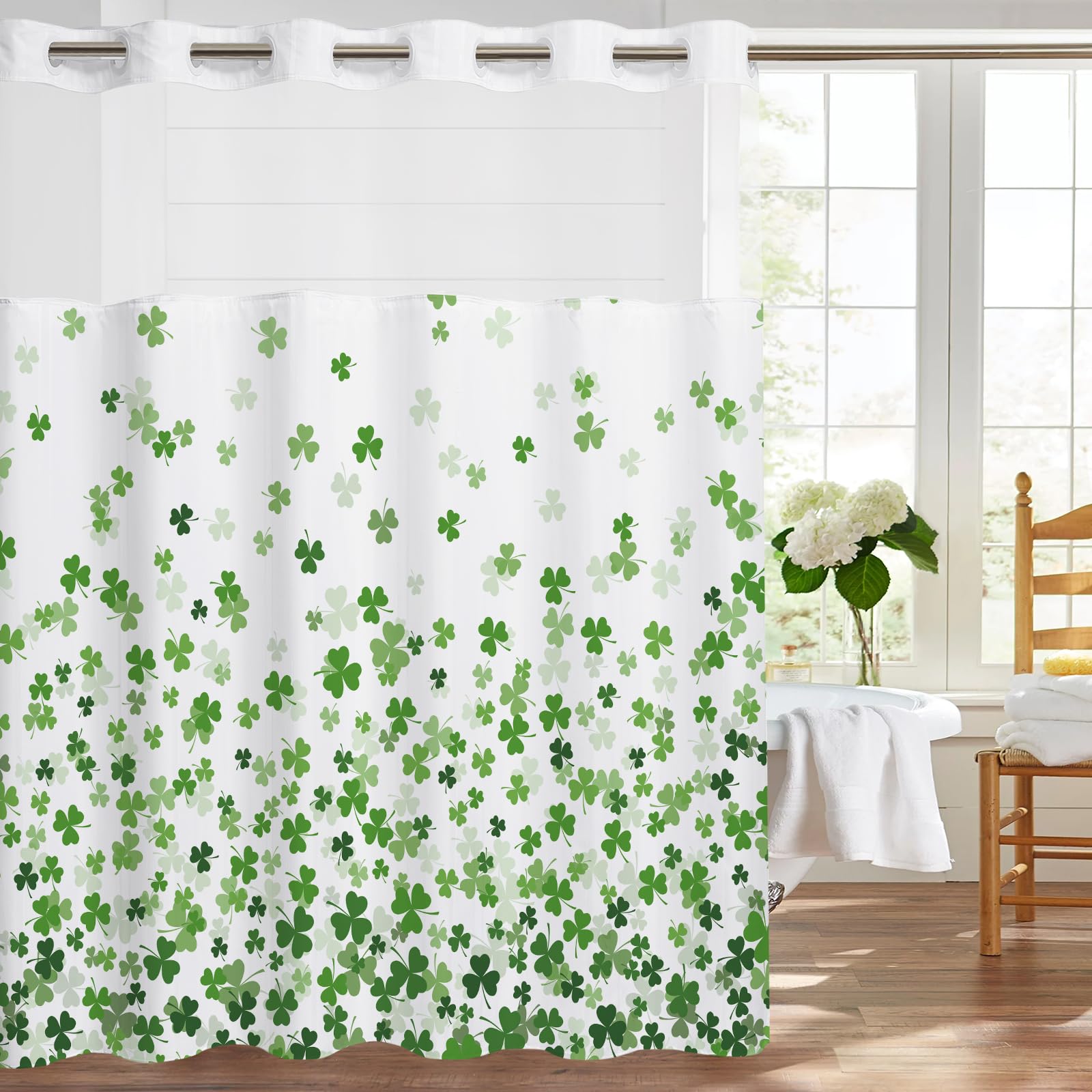 Rideau de douche sans crochet vert pour simplifier le nettoyage quotidien