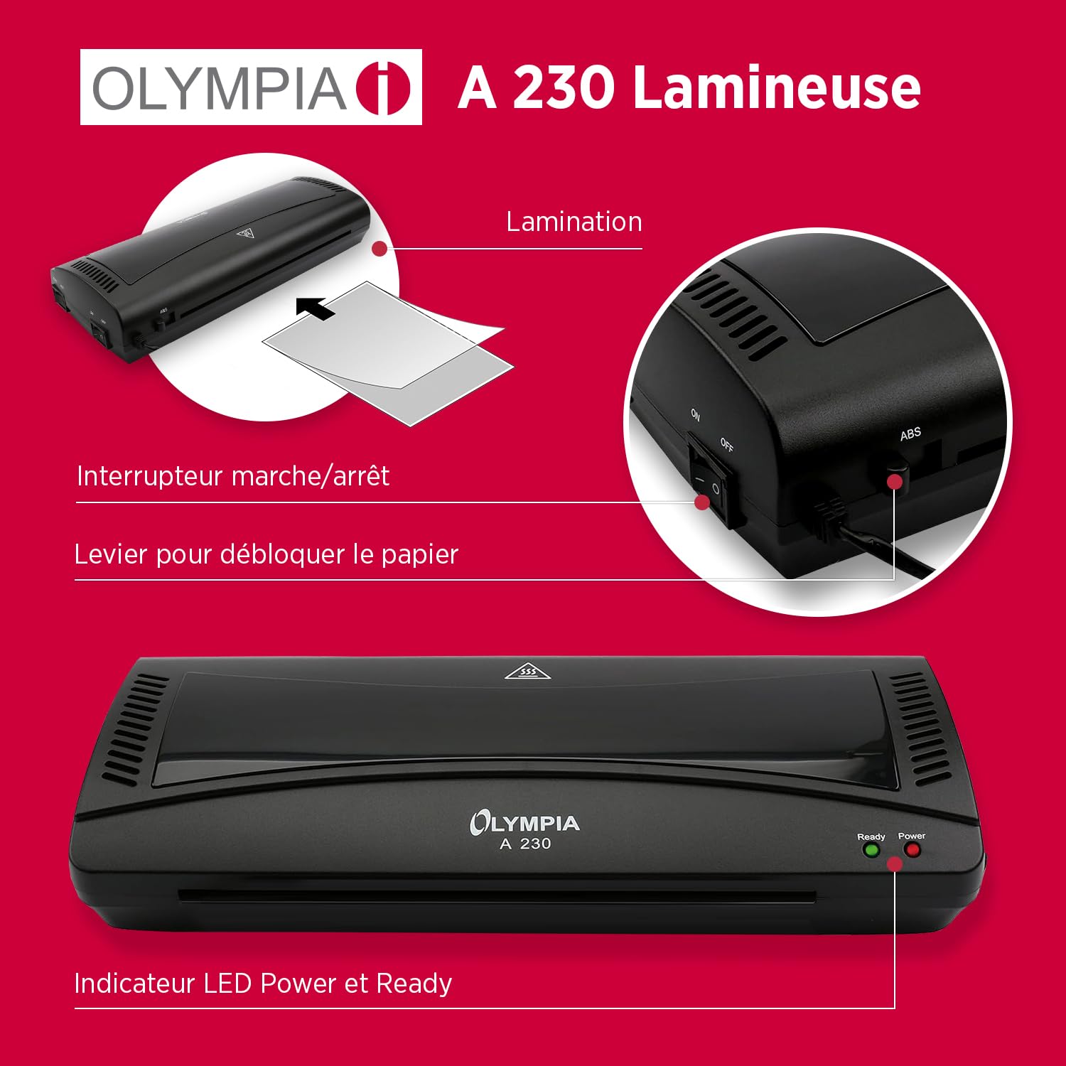 Olympia Plastifieuse A4 4 en 1 avec arrondisseur d'angle, coupe-papier et films de plastification