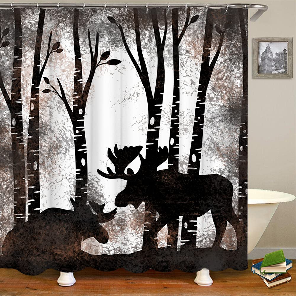 RnnJoile Moose Shower Curtain Rustic Wild Animal Bath Curtain Wildlife Cabin Bathroom Decor with Hooks 72"x 72"