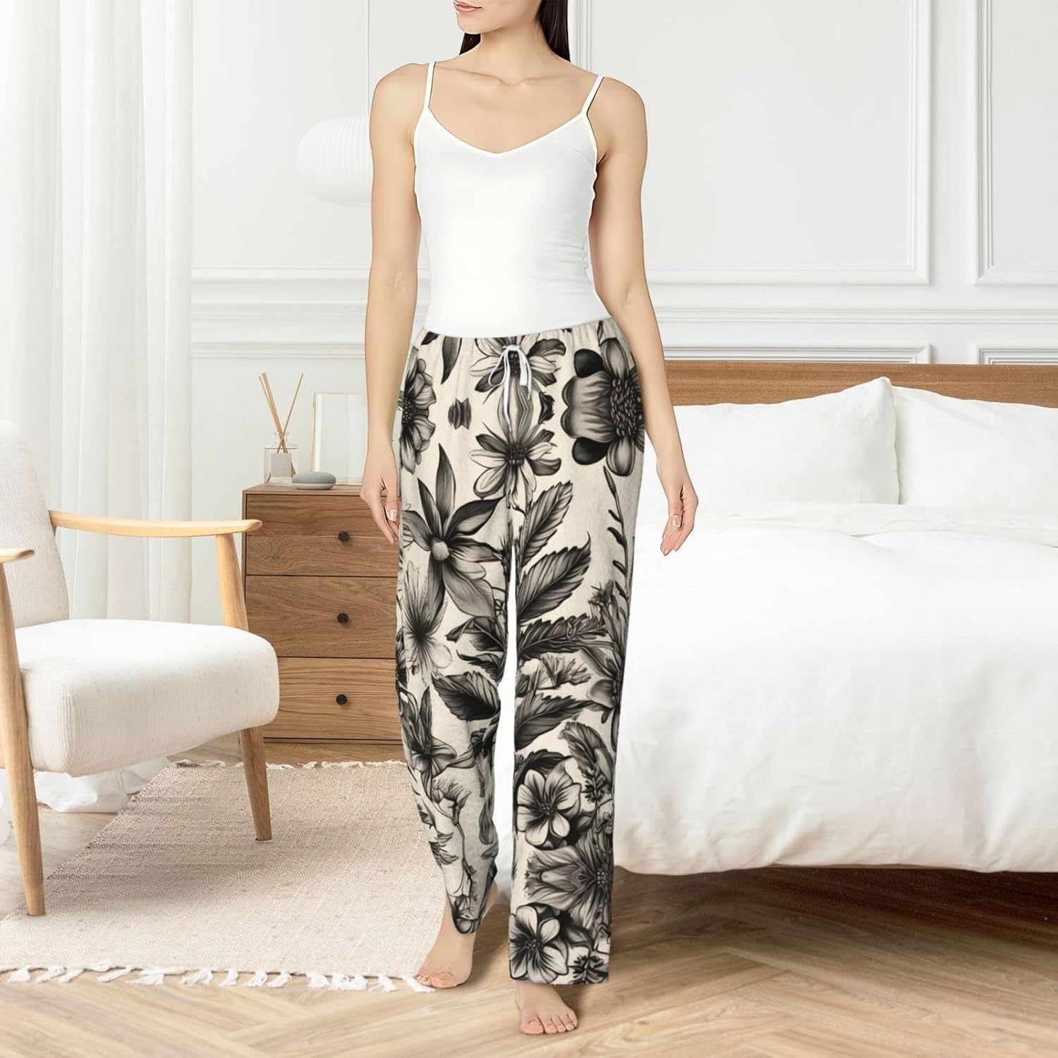 Floral Herbs Botanical Pattern Print Cozy Christmas Pajama Pants,Flannel Pajama Bottoms,Cater To Various Body Types