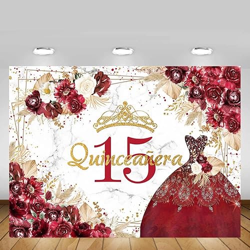 Miniatura 5 de MEHOFOND Telón de fondo floral bohemio de quinceañera de 10 x 7 pies para niñas, flores rojas, hierba de pampas, hierba de Mis membrillo Anos,