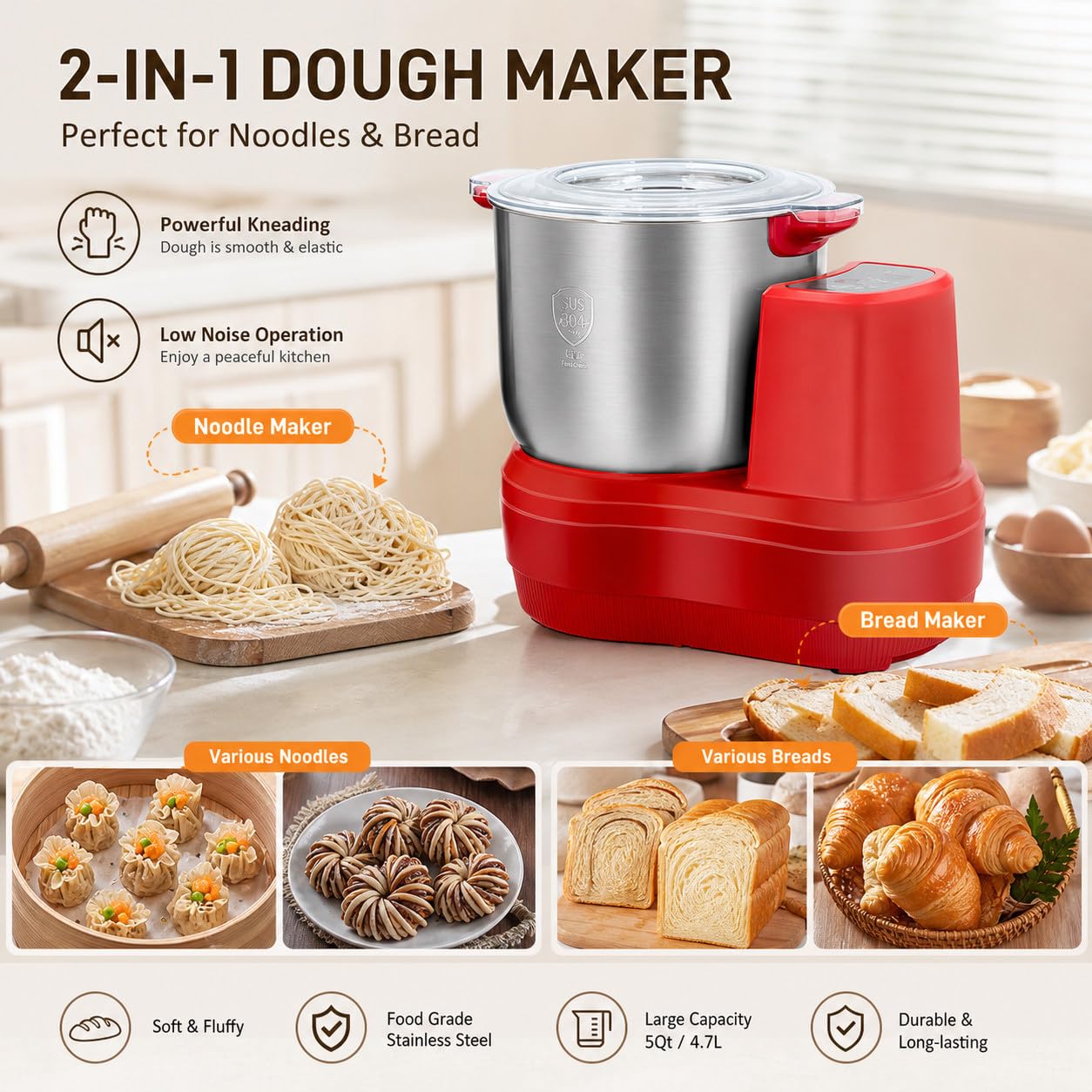 10L Mélangeur pâte Conception Divisée, Fermentation Machine électrique avec Fonction de Fermentation, mélangeur de pâte en Acier Inoxydable, Rouge