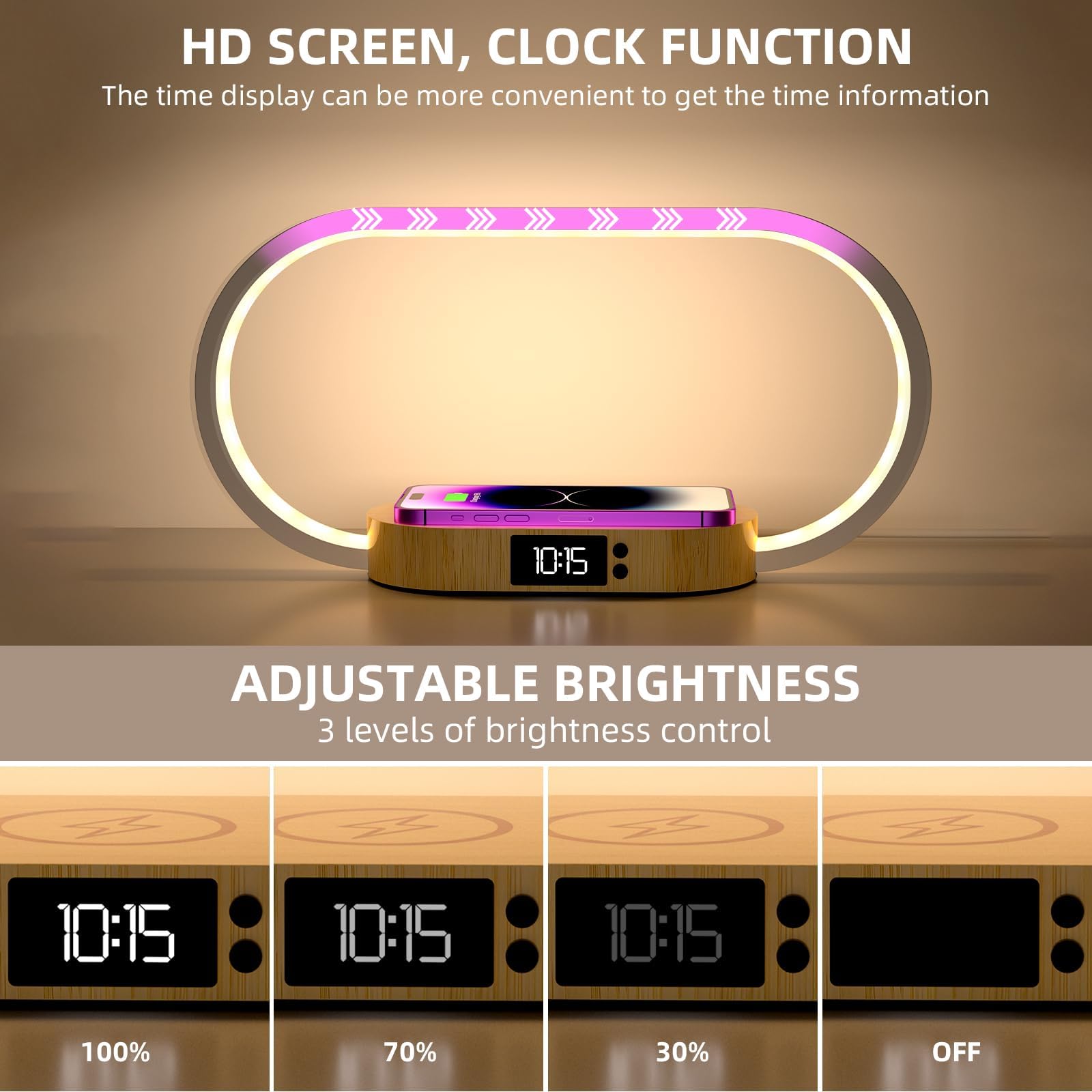 m zimoon Lampada da comodino con caricabatterie wireless veloce, lampada da camera da letto con orologio, lampade da tavolo per comodino, lampade touch per camera da letto, 3 modalità colore