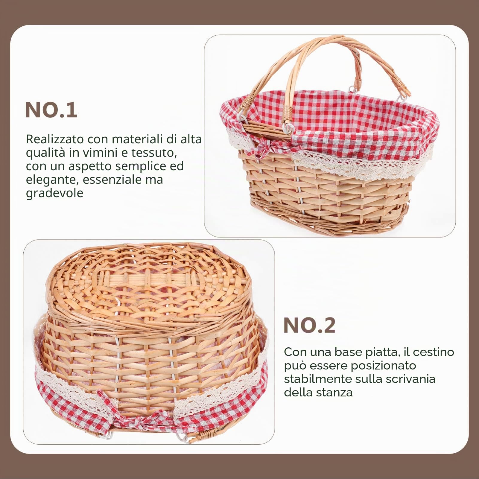 Cestini Vimini, Cabilock Cestino in Vimini, 37X27X17CM Intrecciato Cesto Picnic con Manico e Trecc, Vintage Country Naturale Cestino Campeggio All'aperto