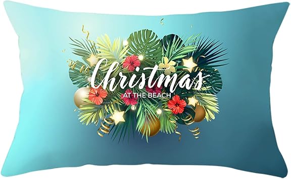 Decorative Pillows Xmas,Christmas At The Beach Flowers Pine Leaves Polyester Cushion Covers Blue Green Pillowcase 50x30
