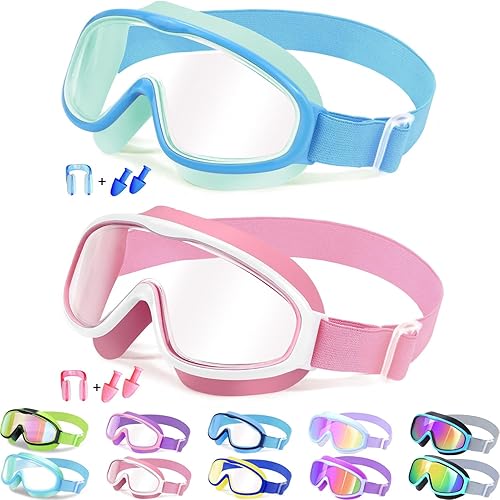 Vvinca Gafas de natación para niños con correa de tela cómoda, visión amplia, antivaho, UV, sin fugas, para 3-14 años