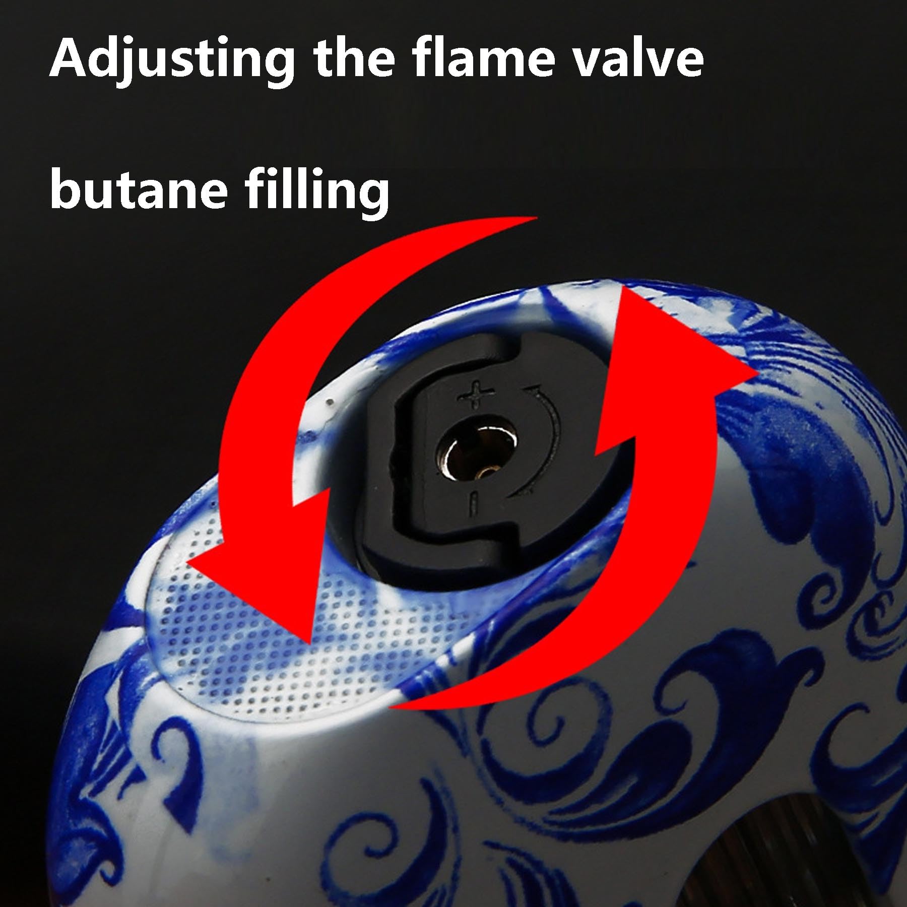 Encendedor de butano resistente al viento con llama ajustable, encendido por empuje y ventana de combustible visible, ideal para camping, barbacoa y uso al aire libre