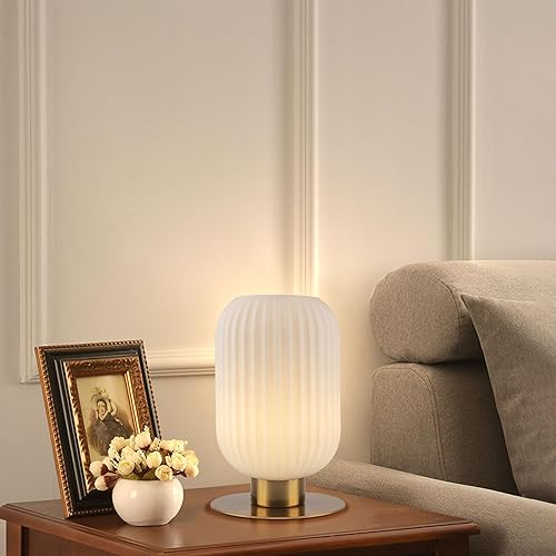 Miniatura 8 de Lámpara pequeña de mesita de noche, lámpara de mesa de cristal de leche, lámpara vintage dorada para mesita de noche, lámparas modernas de mediados
