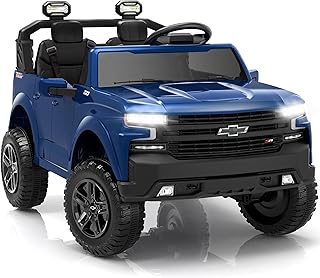 Licensed Chevrolet Silverado 24V Kids Electric Car, Ride on Toy with Parent Remote Control, Electric Car for Kids with Seat Belts, Bluetooth, Spring Suspension System and Trunk (Blue)