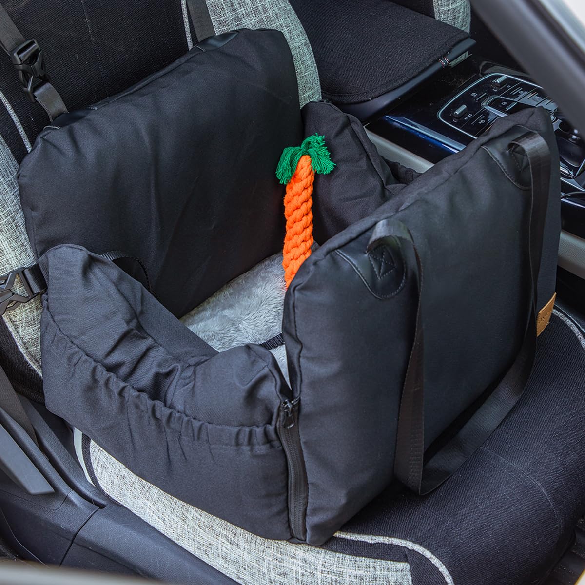 Mxmoonant Asiento Coche Perros para Perros Pequeños, Multifuncional Extraíble Lavable, con Bolsa y Cinturón de Seguridad, Equipado con un Limpiador de Patas de Perro y un Juguete de Zanahoria