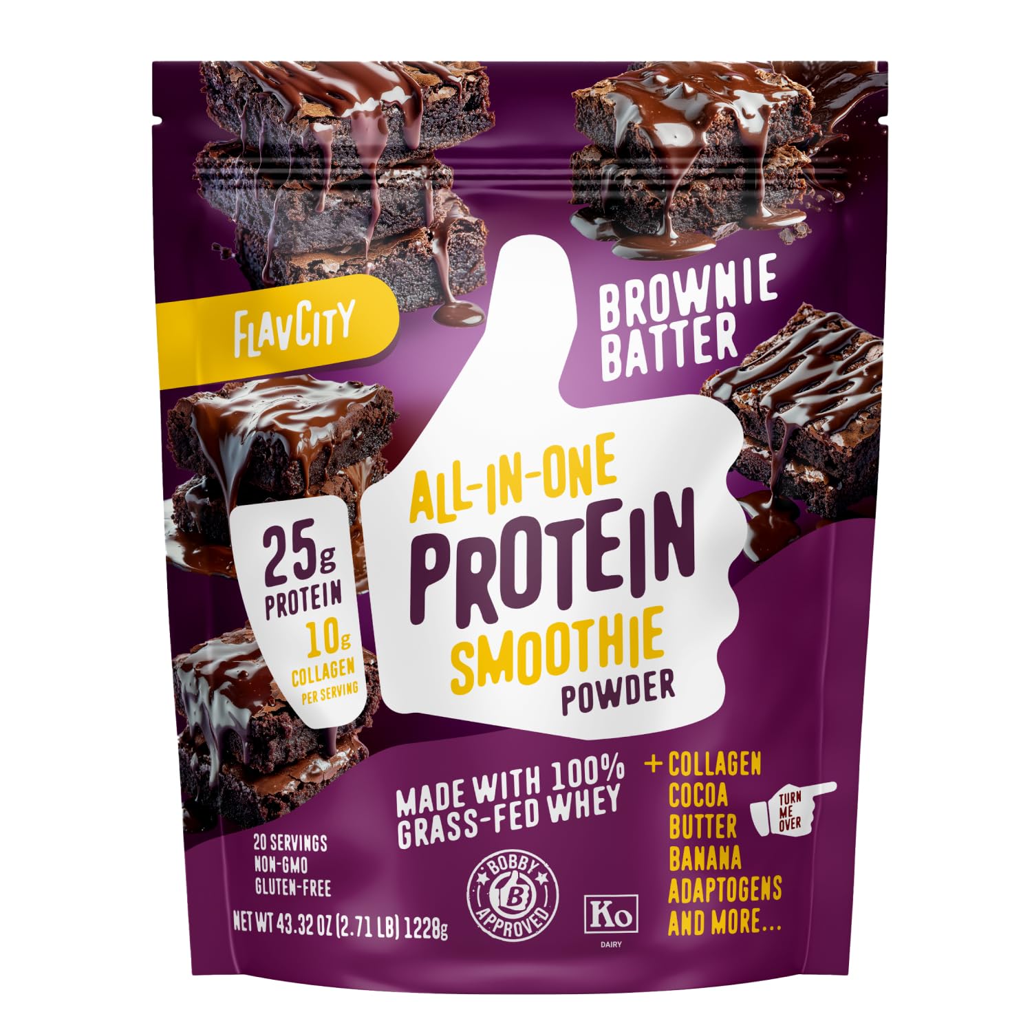 Proteína de suero de leche en polvo FlavCity de chocolate alimentado con pasto - Masa para brownie - 25 g de proteína y 10 g de colágeno - Elaborada con cacao orgánico y leche de coco - Sin gluten ni azúcares añadidos (20 porciones)