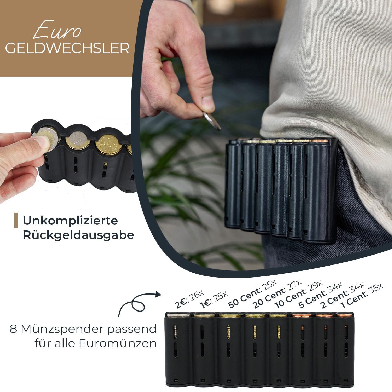 HMF Kellner Geldbörse aus Leder mit verstellbarem Gürtel, Kellnertasche mit Euro-Geldwechsler und Reißverschlussfach | 20,5 x 10 x 6,5 cm | Schwarz