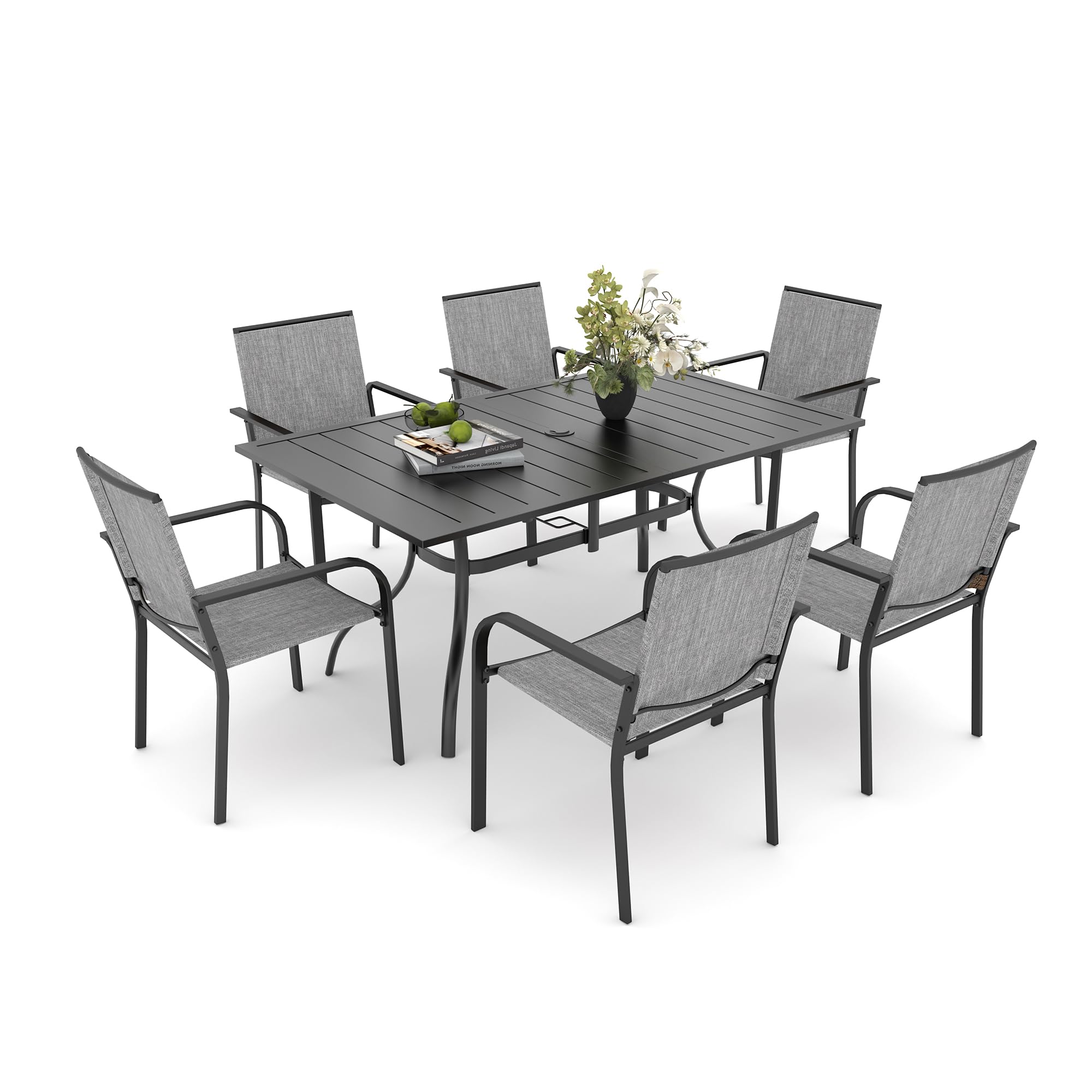 Anmutig 7-Piece Outdoor Dining Set, 63" Patio Table, Stackable Chairs Gray