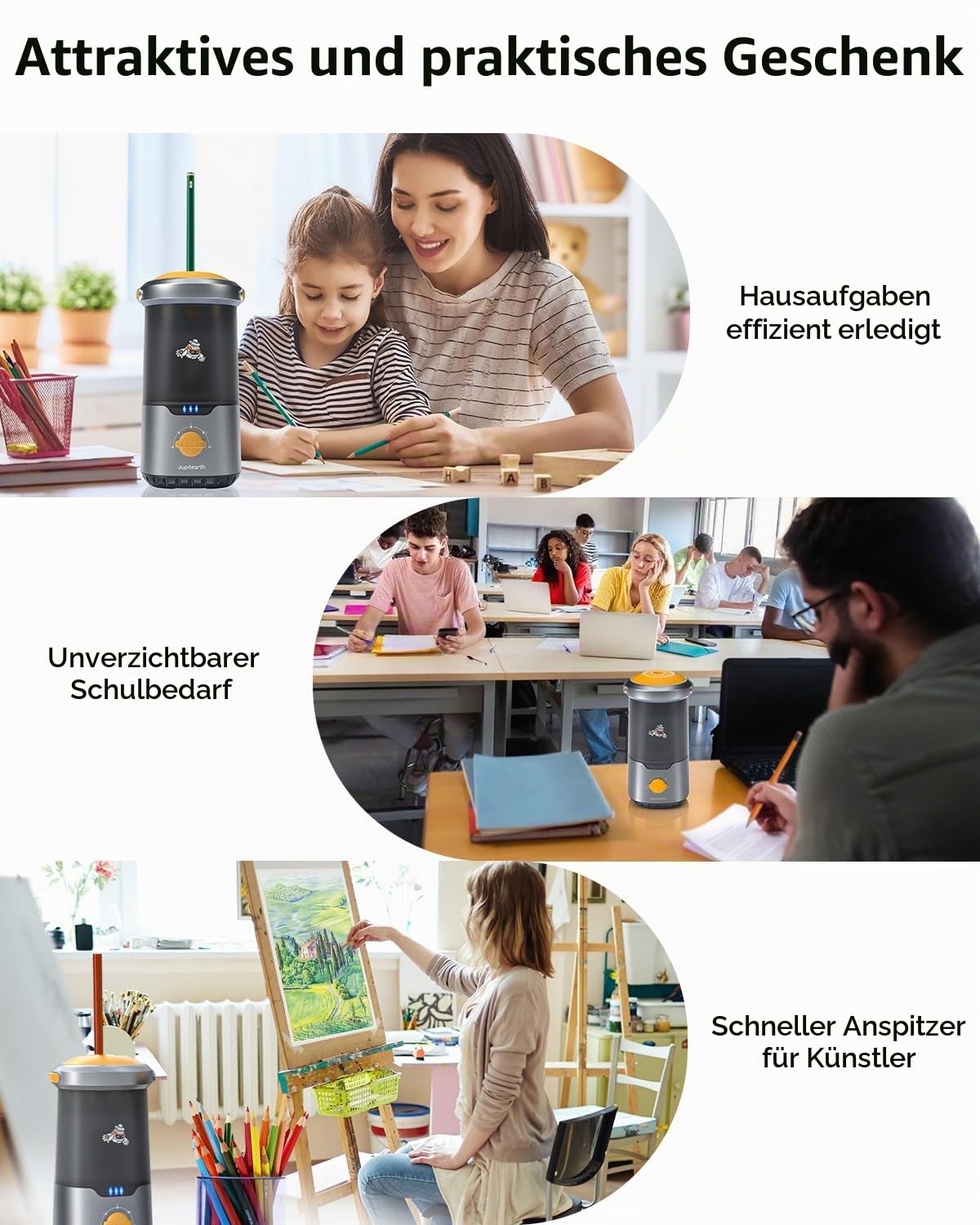 JUPITEARTH Vollautomatischer elektrischer Bleistiftspitzer,wiederaufladbarer Bleistiftspitzer mit Behälter für 6,9-11mm Buntstifte,freihändig, tragbar und sicher für Haus, Büro, Schule（Schwarz）