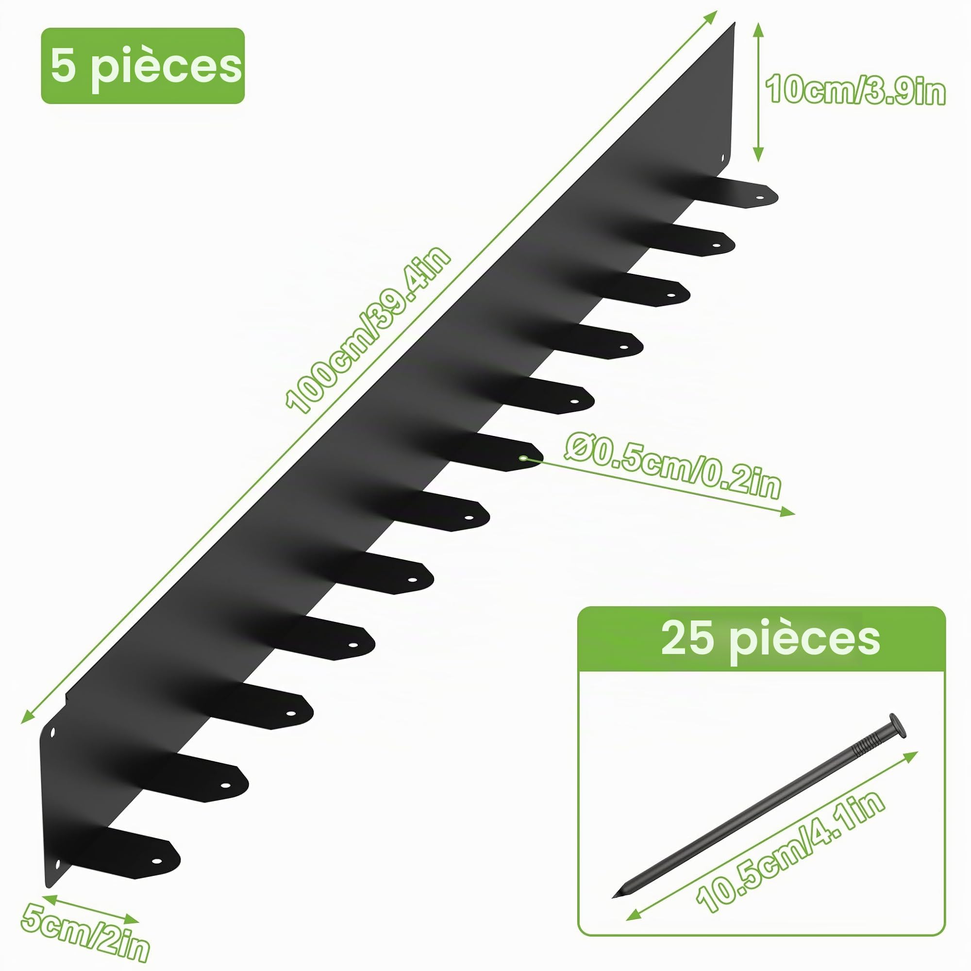 ACXIN Bordure de pelouse flexible en métal, lot de 5 pièces 100 x 10 cm, bordure de massif galvanisée avec 25 clous de fixation, bordure de jardin pour cour, jardin, ferme, couleur noire