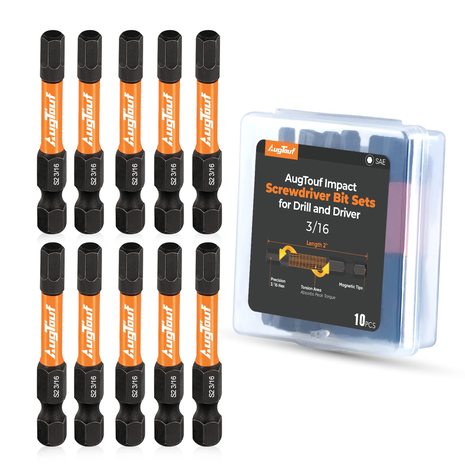 toolant 3/16" Impact Hex Head Allen Wrench Drill Bit Set 10pcs, 1/4” Hex-Shank S2 Steel Hex Bits Set, CNC Machined Tips with Magnetism, 2” Long with Storage Box