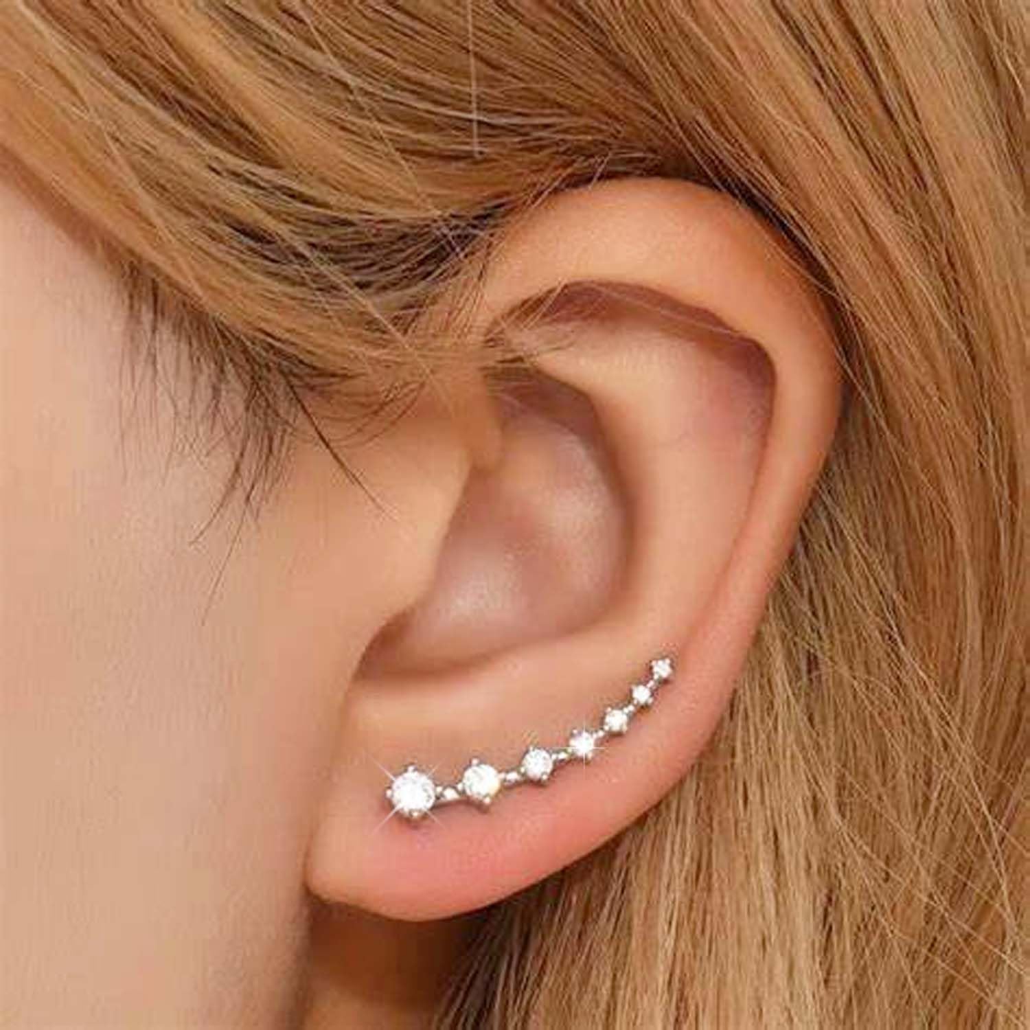 925 Sterling Silver Ear Cuffs Sparkling 7 Crystals Ear Crawler Earrings Cubic Zirconia Climber Cartilage Ear Wrap Hypoallergenic Earring for Women