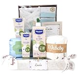 Mababyshop, Hello Nature Bio, Canastilla bebé Personalizada, Set de Primera Puesta para recién nacido, Pañales Ecológicos y Cremas Naturales (Verde Agua)