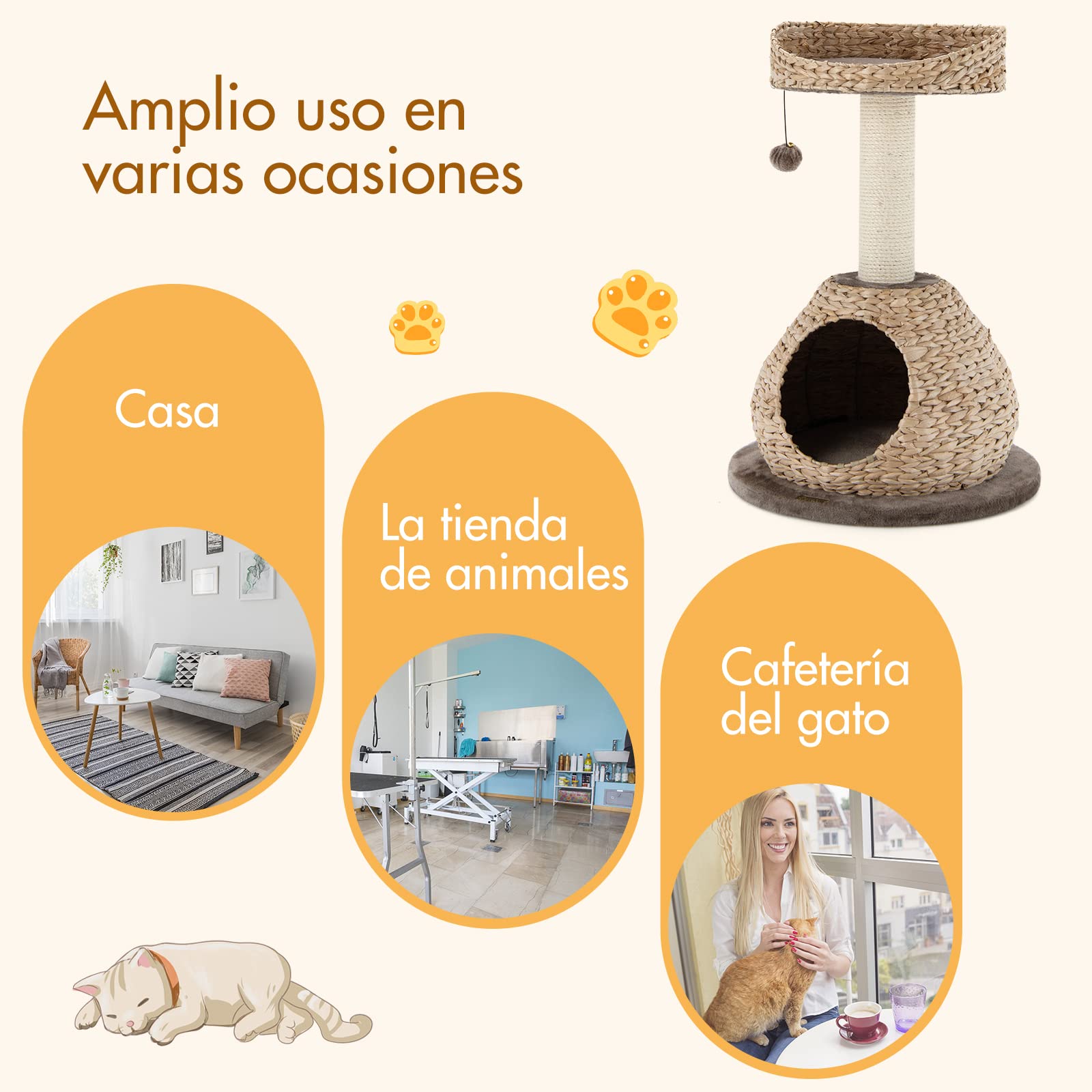COSTWAY Árbol para Gatos de Interior con Palo Rascador en Sisal Natural, Posadero y Nicho Relajante, Pelota Juguete Colgando, Centro Actividad Torre para Gatos Versátil y a la Moda, Fácil de Montar