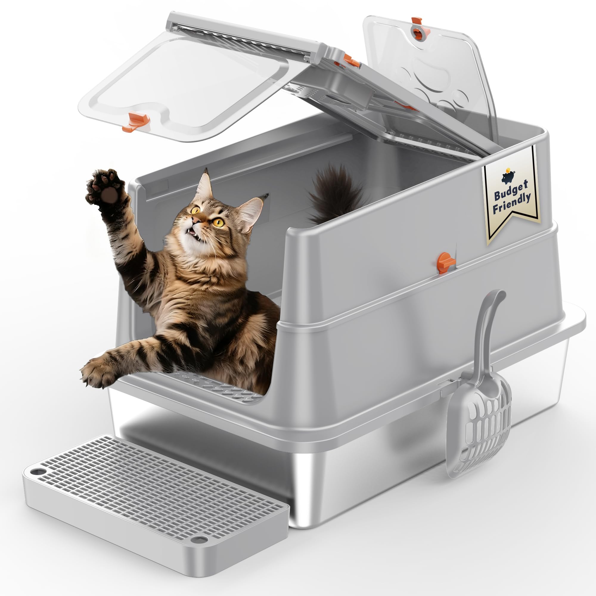 Leak-Proof Stainless Steel Cat Litter Box with Lid, 180&deg; Flip Top Kitty Litterbox, XL High Sided Enclosure Litter Pan for Big Cats, Front & Top Entry, Odor-Free, Includes Scoop Mat,Light Grey