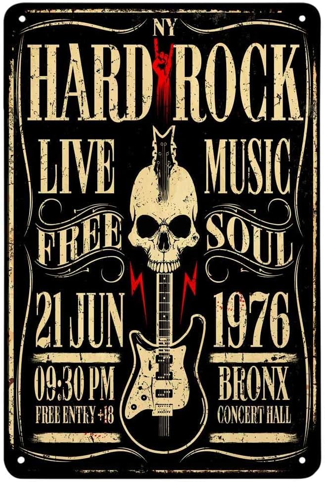 Hard Rock Poster Tin Sign,Rock Roll Music With Skull Guitar Vintage Metal Tin Signs for Cafes Bars Pubs Shop Wall Decorative Funny Retro Signs for Men Women 8x12 Inch