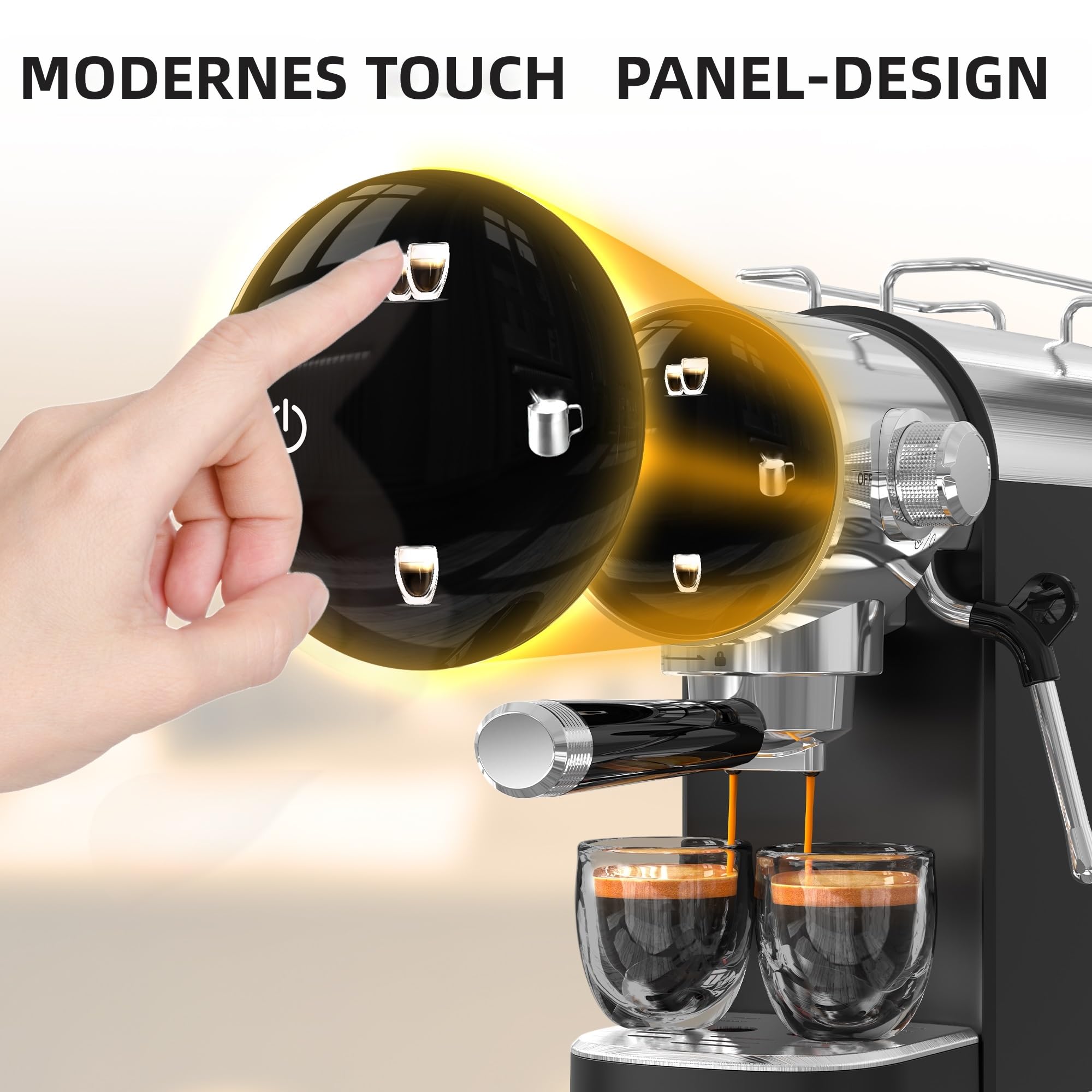 CHEFFANO Espressomaschine, 1350W, 15-Bar-Pumpe, Touchscreen, Edelstahlgehäuse & Dampfstab für Cremespuma