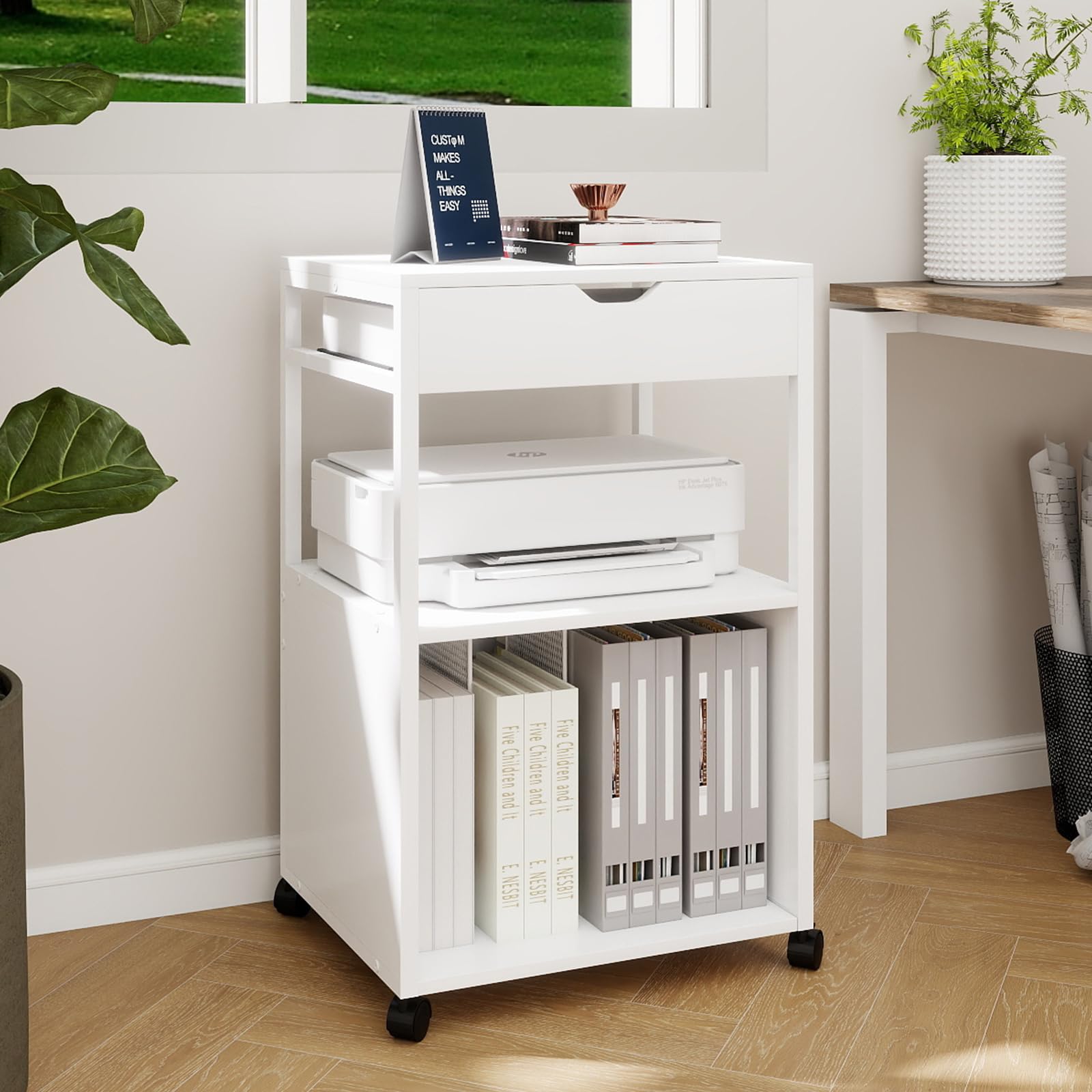 PUNCIA Mueble para Impresora con Ruedas Soporte Rodante de Almacenamiento | Mesa Auxiliar con Cajón y Estantes Abiertos Estantería para discos Carrito Organizador para Oficina y Hogar Blanco