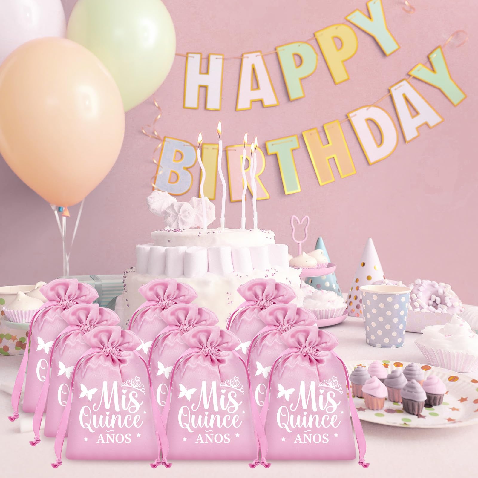 Sweetude 25 Pcs Quinceanera Party Gift Bags for Guests Sweet 15 Años Quinceañeras Silk Satin Gift Candy Bags with Drawstring for Mis Quince Birthday Decoration(Pink)