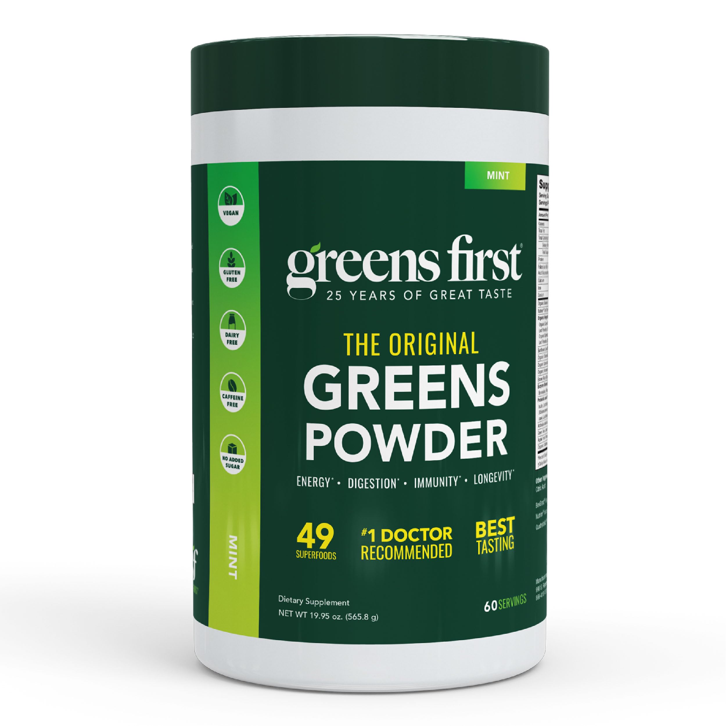 Greens First Original Greens Powder - 49 Superfoods - Organic Fruits & Veggies - Prebiotics, Probiotics & Digestive Enzymes - Antioxidant Smoothie - Dairy Free, Vegan & Non-GMO (Mint, 60 Servings)