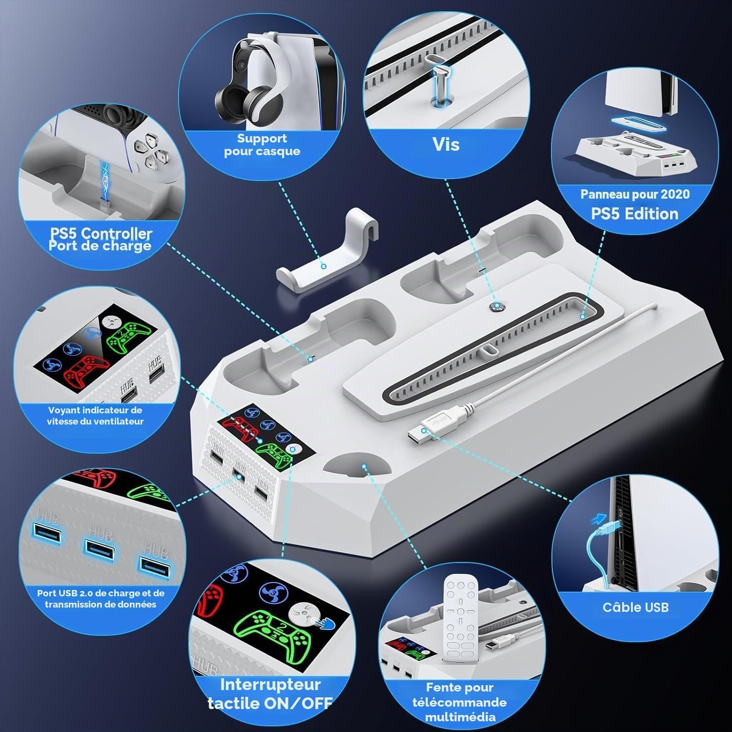 Tokluck Support PS5 pour PS5/PS5 Slim/PS5 Pro, Station de Refroidissement avec Charge à Double Manettes, Ventilateur de Refroidissement à 3 Vitesses avec Casque et 3 Ports USB