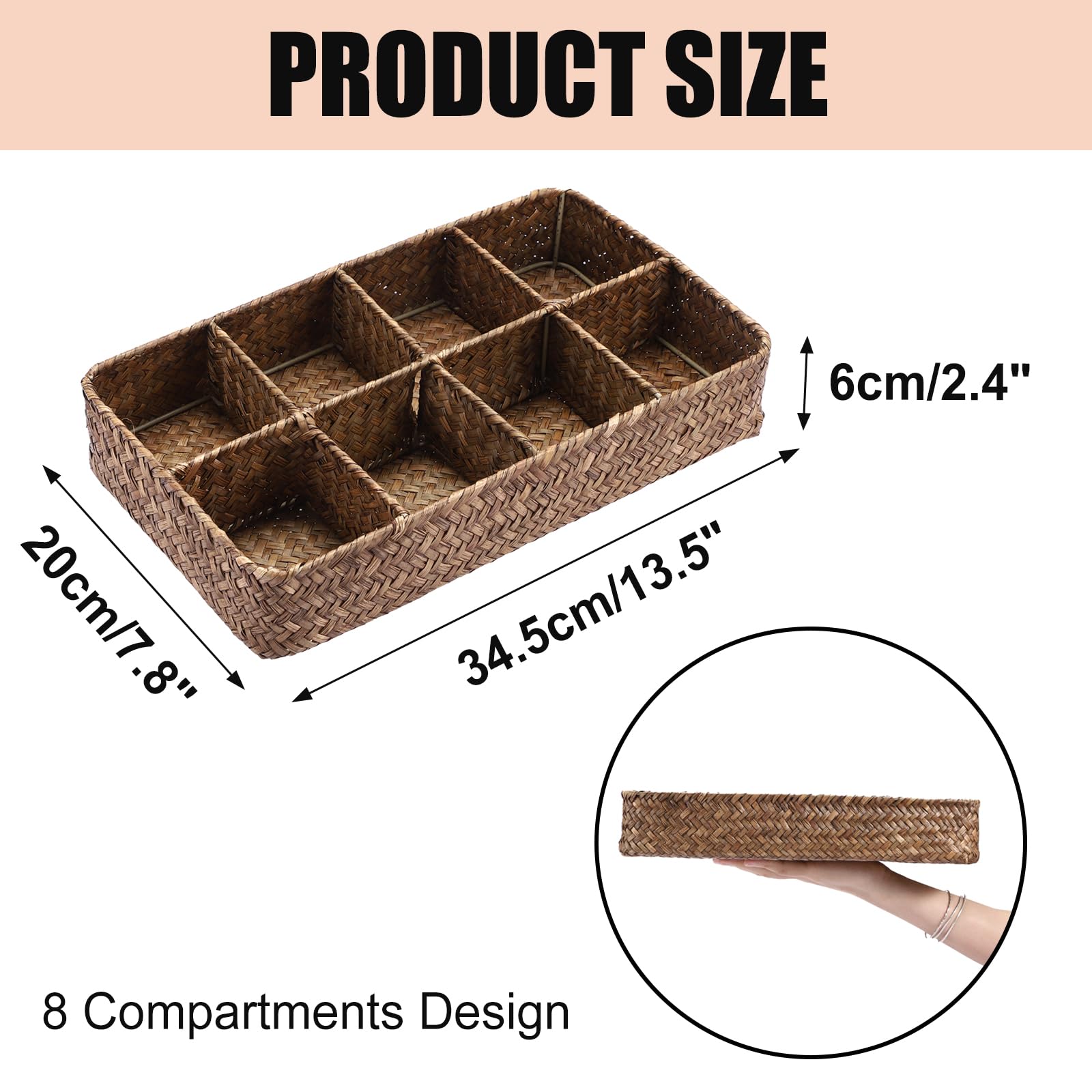 SUMTree Teebeutel Organizer Box Aufbewahrungsbox mit 8 Fächern Geflochten Aufbewahrungskorb aus Seegras 34,5x20x6 cm Kaffeefarben Teebeutelablagen für Kaffeebeutel, Gewürzbeutel für Büro, Esszimmer