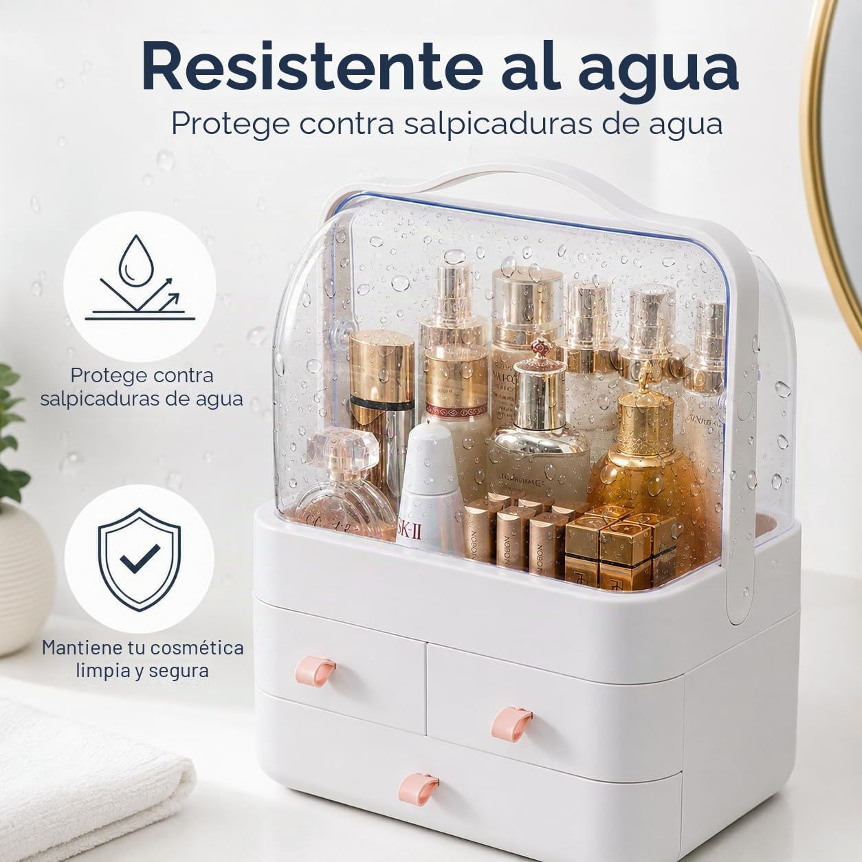 RMAN® Organizador de Maquillaje con Cajones y Tapa Transparente, Rosa | Giratoria 180º, Portátil con Asa de Transporte, Para Cosméticos y Perfumes, Para Tocador, Baño, Dormitorio