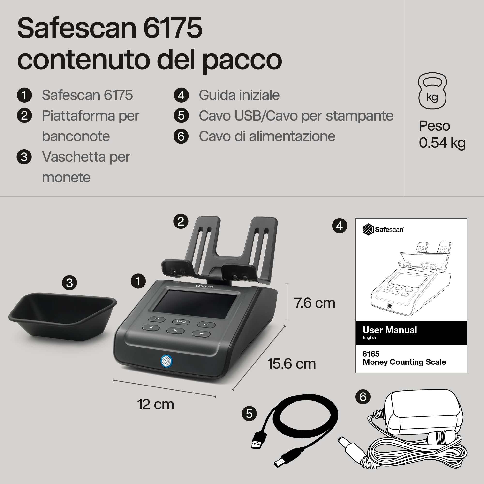 Safescan 6175 Macchina contasoldi che conta monete, banconote, buoni e gettoni, Contamonete con riconoscimento automatico del rotolo di monete, Bilancia che memorizza i risultati di ogni conteggio