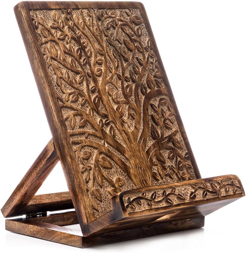 Hand-Carved Wood Cookbook Stand Compatible for iPad/Tablet Dock