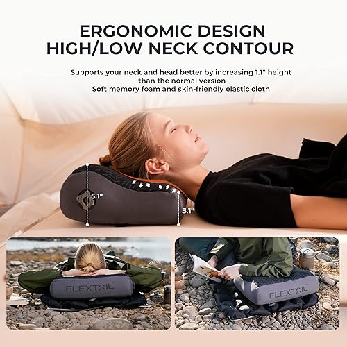 Miniatura 5 de Flextailgear Paquete de bomba de aire pequeña gris con contorno de cuello grueso almohada inflable para acampar gris