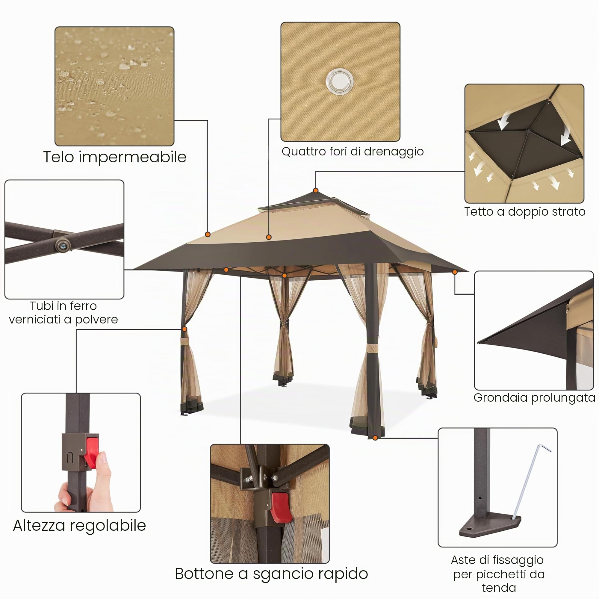 Yaheetech Gazebo da Giardino 4x4 m con Zanzariera Struttura in Metallo Doppio Tetto Kaki