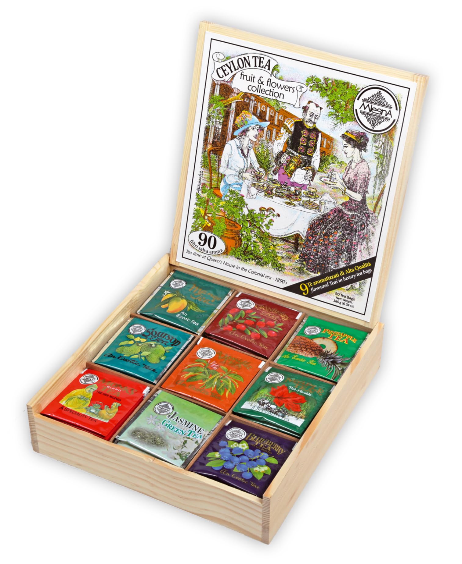 Mlesna Fruit & Flower Collection – 9 Tè Aromatizzati – Scatola in Legno da 90 Filtri