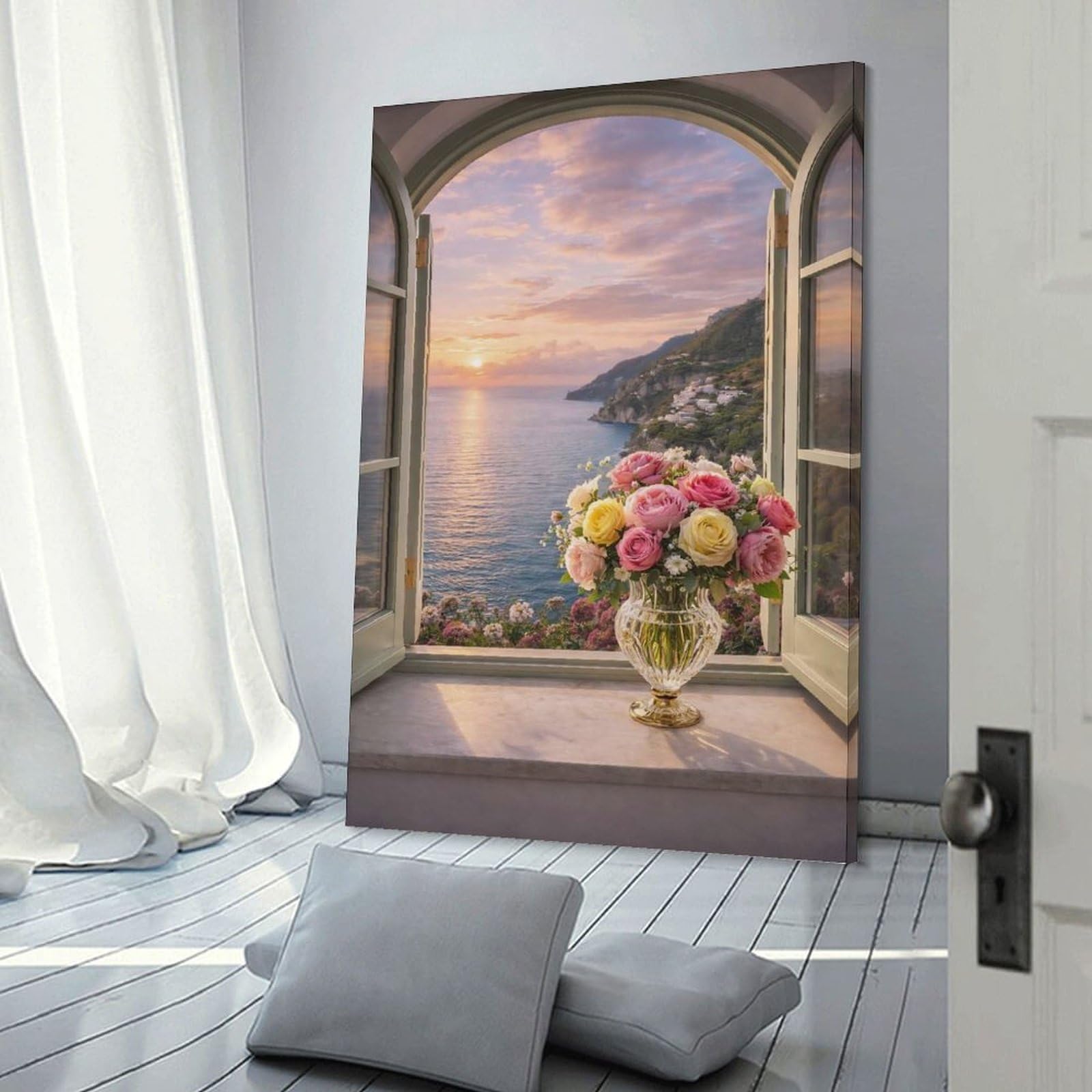 Junmoney Window View of Positano at Sunset with Roses Hanging Wall Art, 24x36inch(60x90cm), for New Homes, Bedrooms Or Workspaces, Thoughtful Wall Decor for Art Lovers