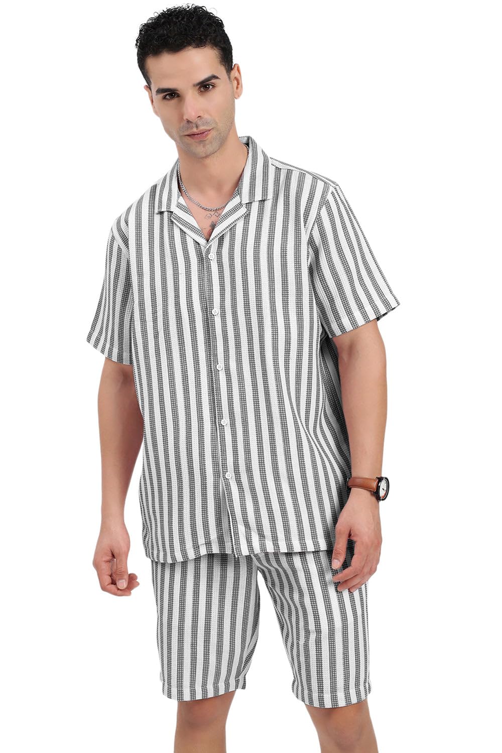 showoffff Men's Black Striped Cuban Collar Relaxed Fit Co-Ords Set-Mila-3754_Black-picture-13