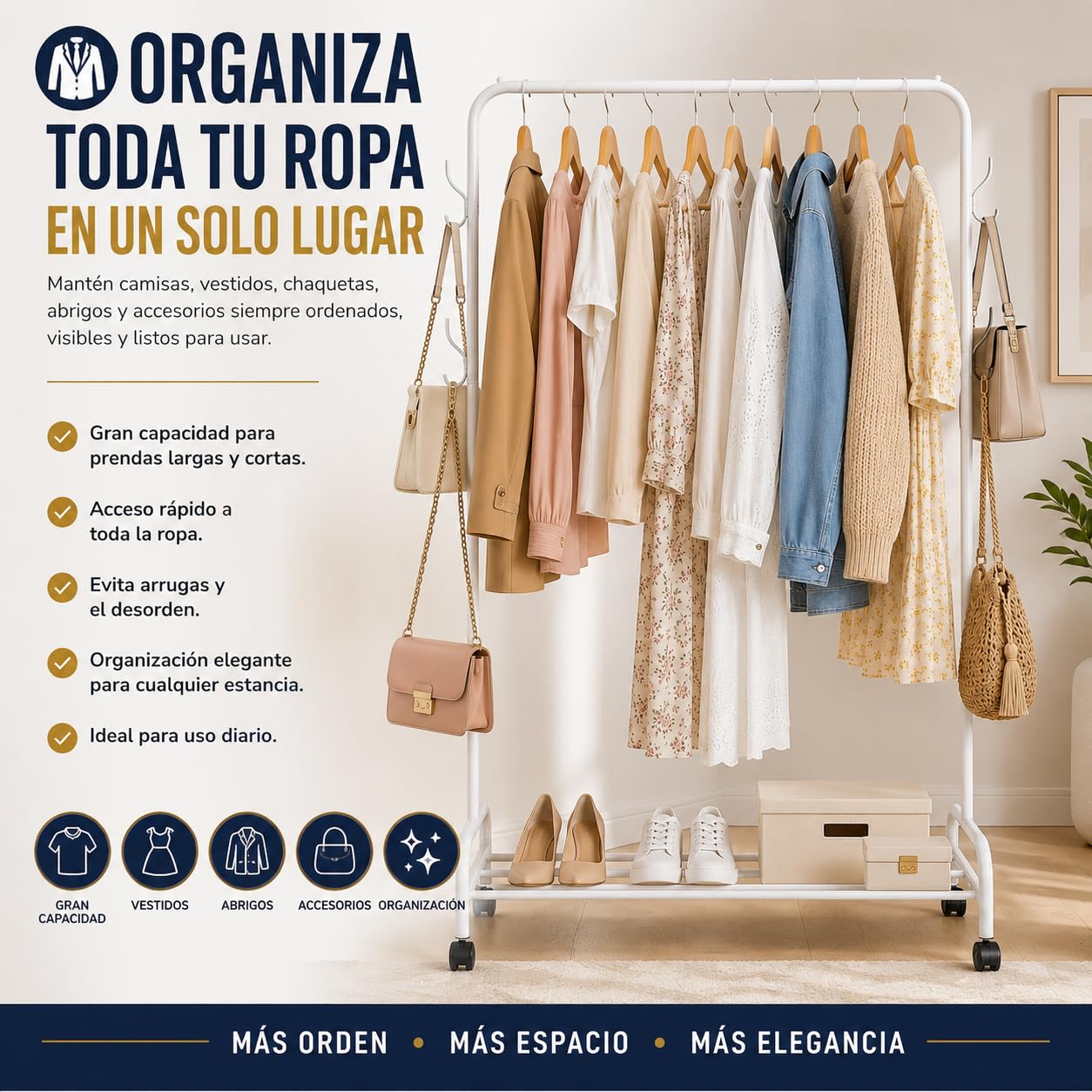 TIENDA EURASIA – Perchero Burro para Ropa con Ruedas | Acero | 4 Ganchos Laterales | Topes Antideslizantes | 4 Ruedas con Freno | Carga Máxima 25 kg | Blanco | 160x118x45.5 cm