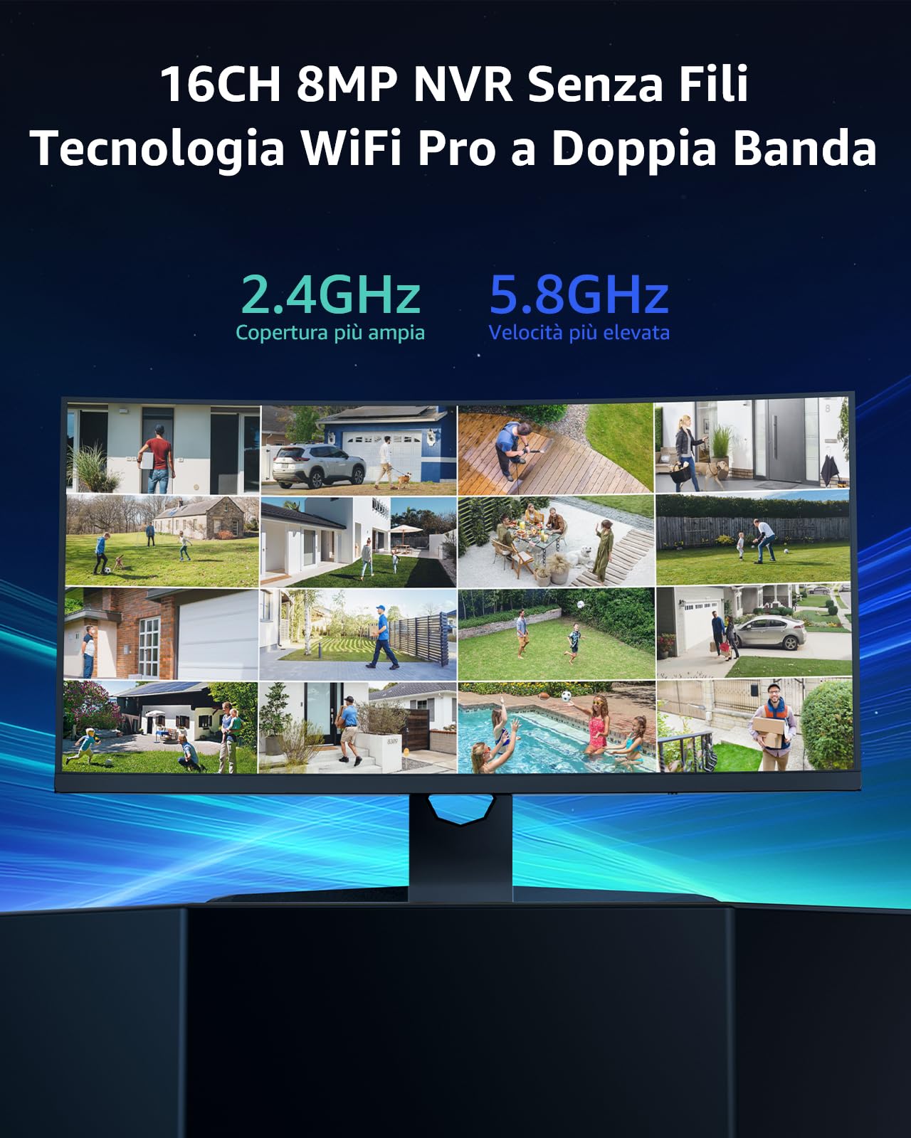 ANNKE 2K Kit Videosorveglianza WiFi, Doppia Banda 2,4/5 GHz, 4K NVR 16CH 1TB + 8x Telecamera Wi-Fi Esterno, Visione Notturna a Colori, Audio a 2 Vie, Rilevamento Persona, IP67 Alloggiamento Metallico