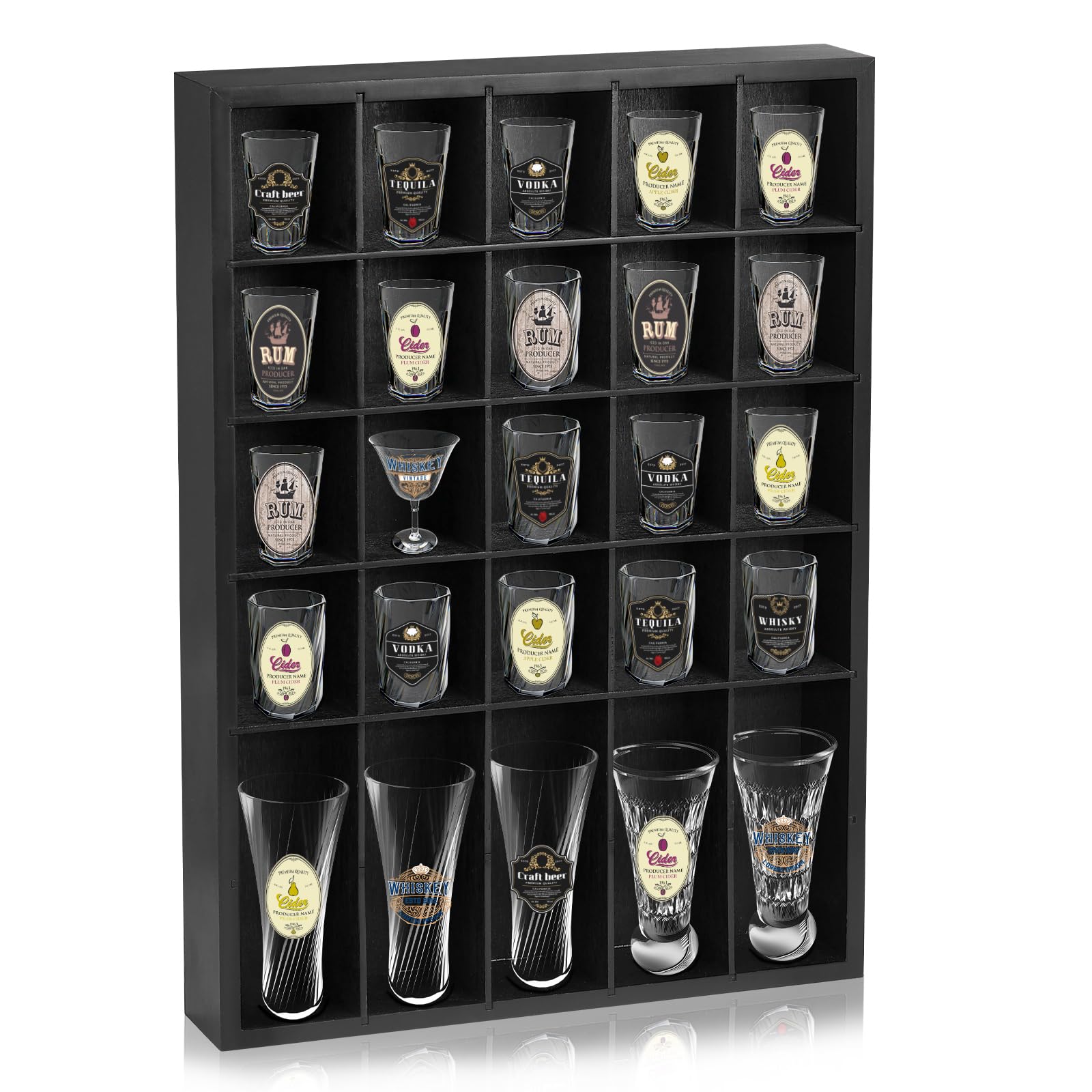 Shot Glass Display Case for Wall, Wood Holds Set of 30 Glasses Shot Glass Holder Display Shelf, 17'' x 12''-3'' x 2'' (Black, 1PCS)
