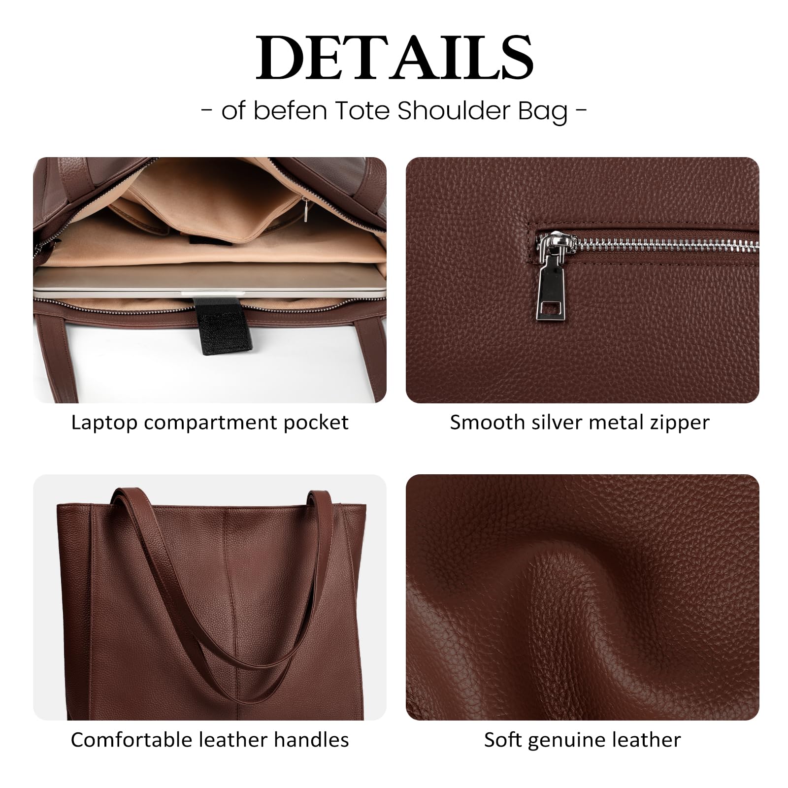 befen Real Leather Dark Brown Tote Bag for Women Work, Women's Tote Bags Purses for Daily and Travel Coffee