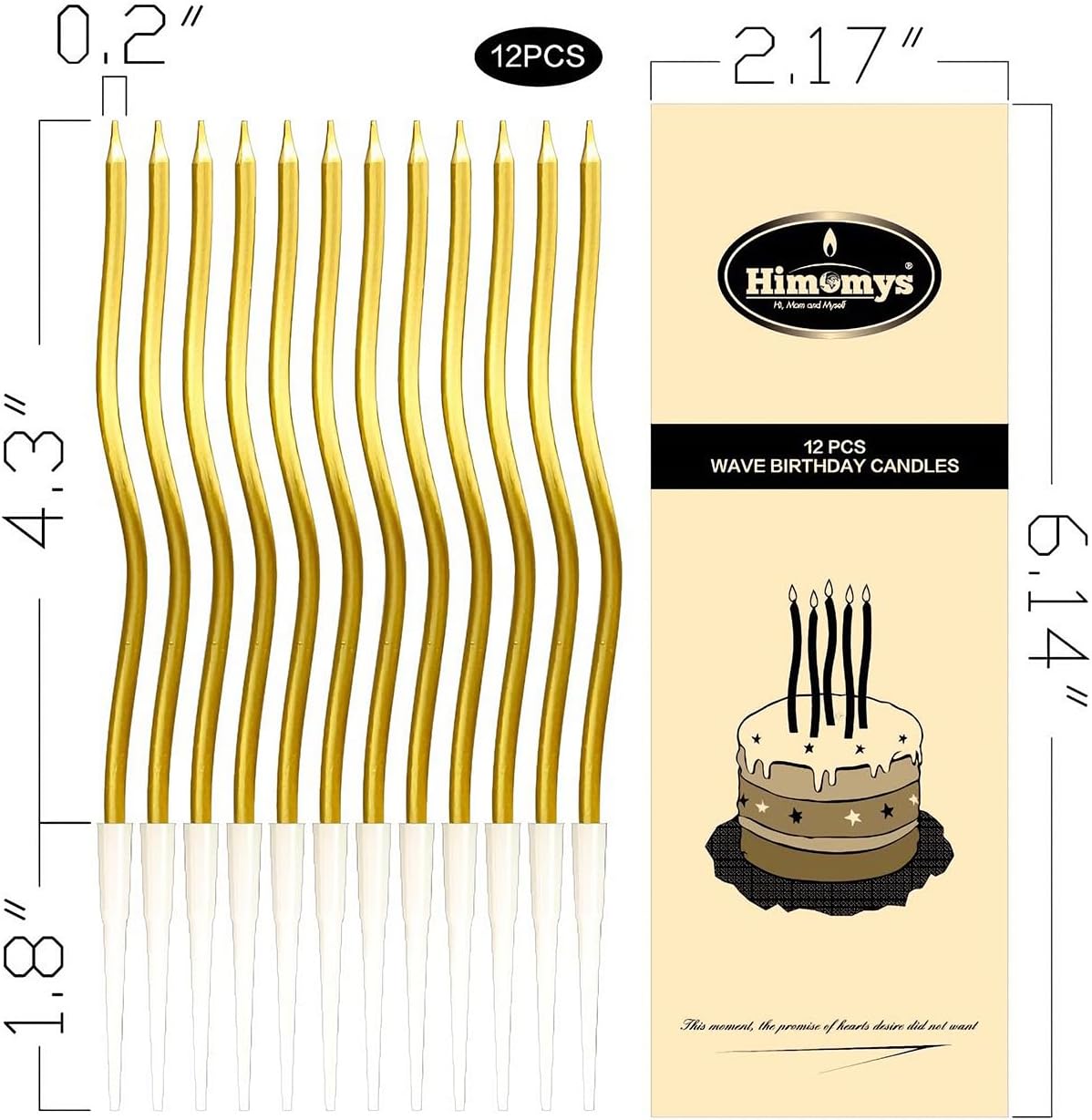 Gold Spiral Long Thin Birthday Candles for Cake – Metallic Cake Decorations, Happy Birthday Candles with Holders, Long Lasting & Safe (12, Gold)