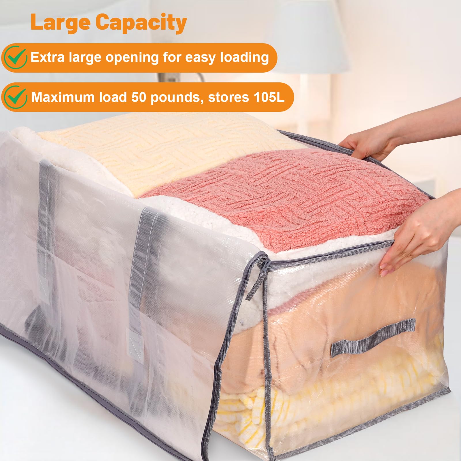 Dntorx 4 Pack 105L Clear Moving Bags Clothes Storage Bags Heavy Duty Moving Totes Packing Bags with Zips for Moving Clothes Bedding Duvet Toys Storage Gray - Image 4
