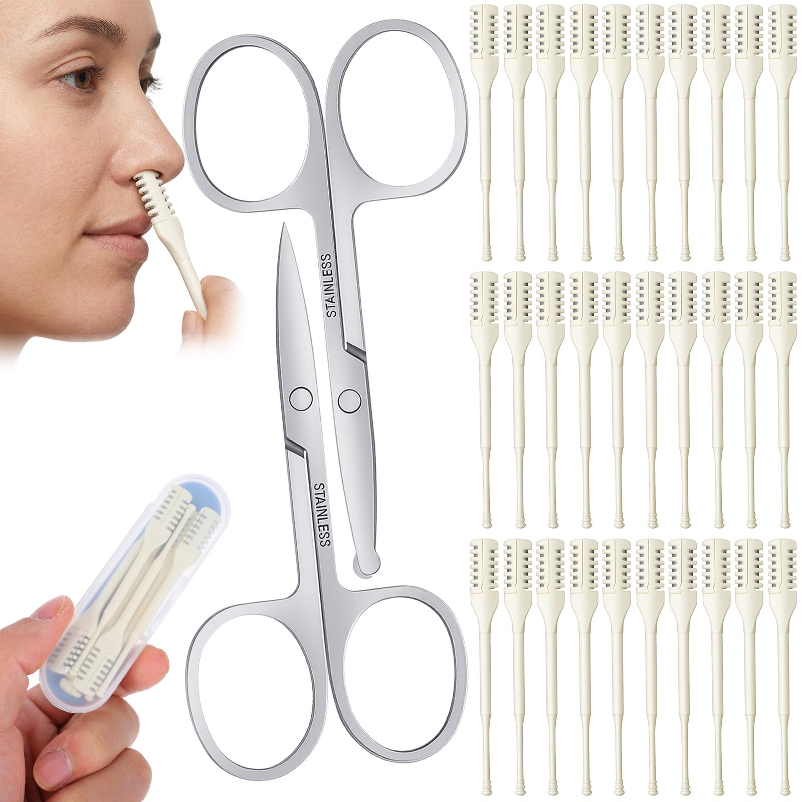 30Pcs Manual Nose Hair Trimmer with Storage Box and 2 Pcs Facial Hair Small Grooming Scissors for Women