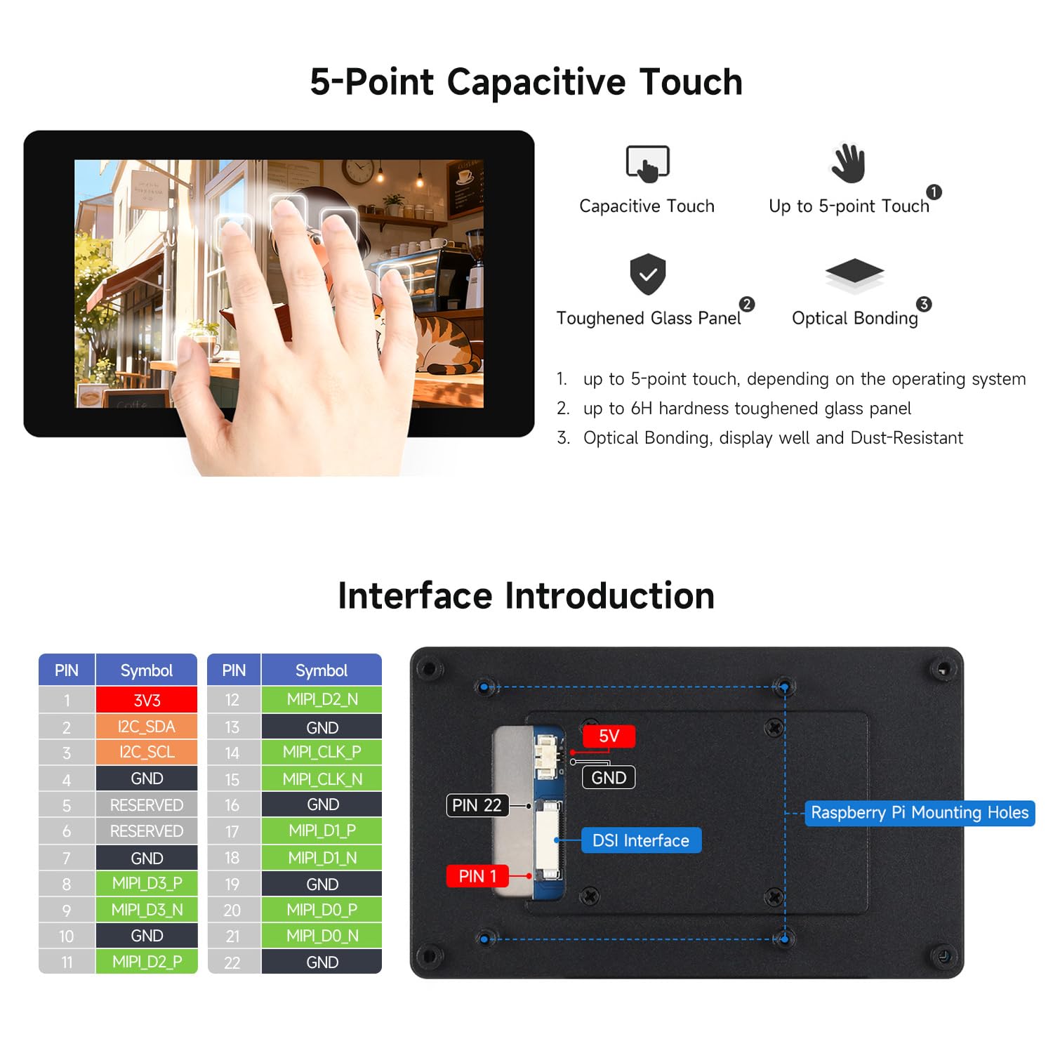 Waveshare 4inch DSI Capacitive Touch Display, Compatible with RPi 3A+/3B+/4B/5， 480 × 800, IPS Display Panel, 5-Point Touch, Optical Bonding Toughened Glass Panel