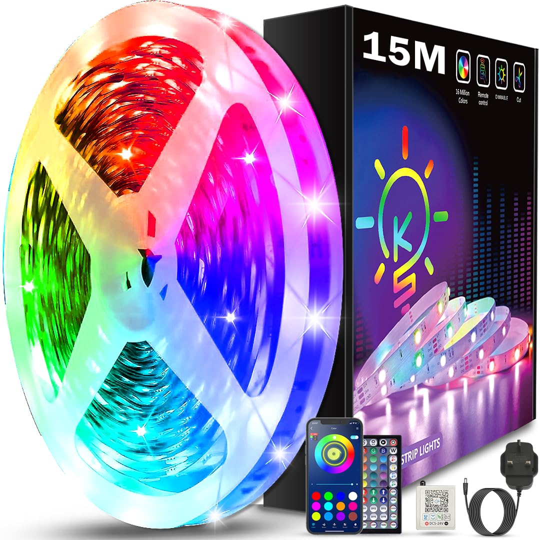 Keepsmile 15M Led Strip Lights with Music Sync,Bluetooth Smart App Control Color Changing Indoor Led Light Strips with Remote,Flexible Lights for Bedroom Birthday Home Party Decor
