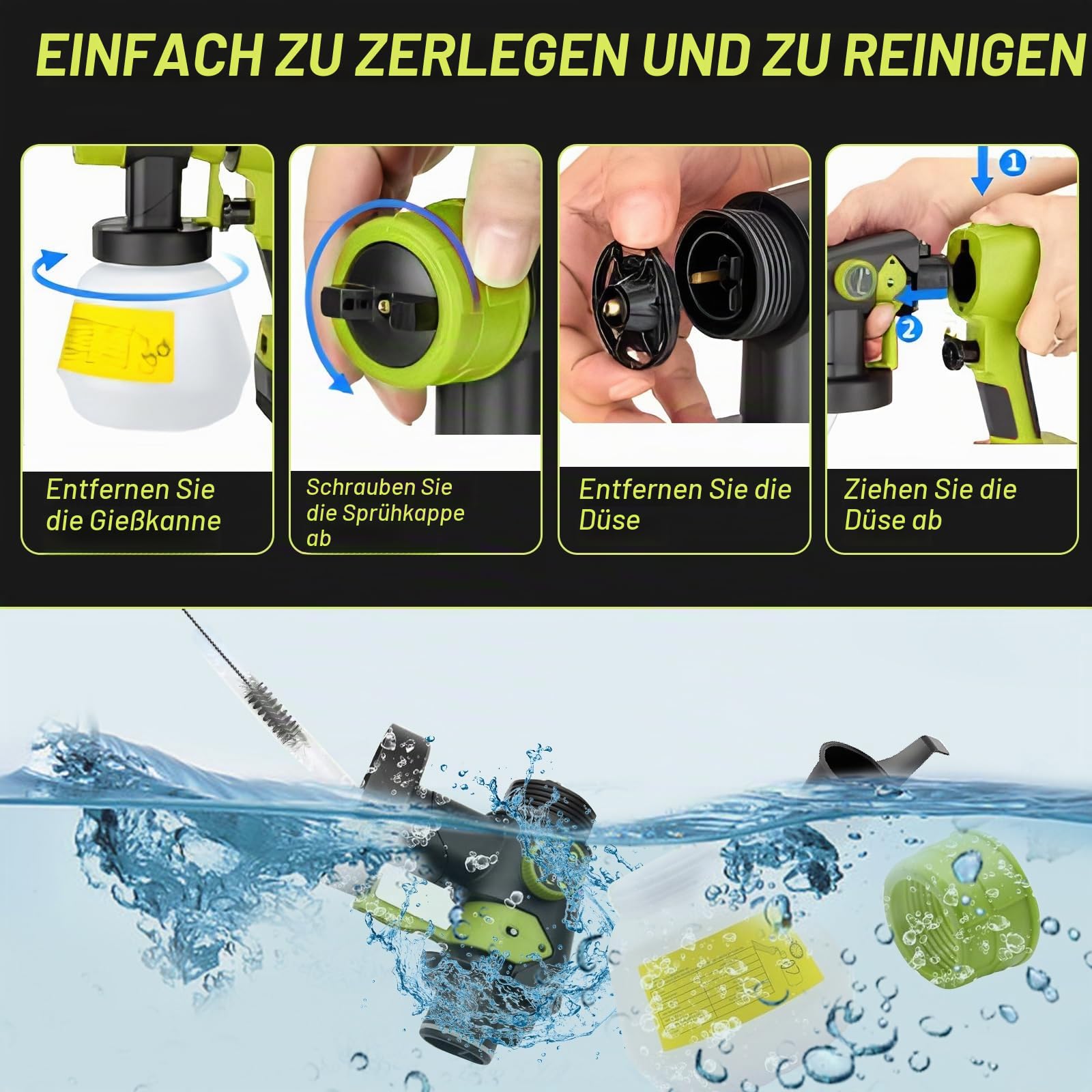 Akku Farbsprühsystem kompatibel mit Ryobi 18V Akku, Elektro Farbspritzpistole Tragbares Lackierpistole mit 4 Düsen, 3 Mustern, 1000ml Behälter zum Streichen von Möbeln, Zäunen, Wänden (ohne Batterie)